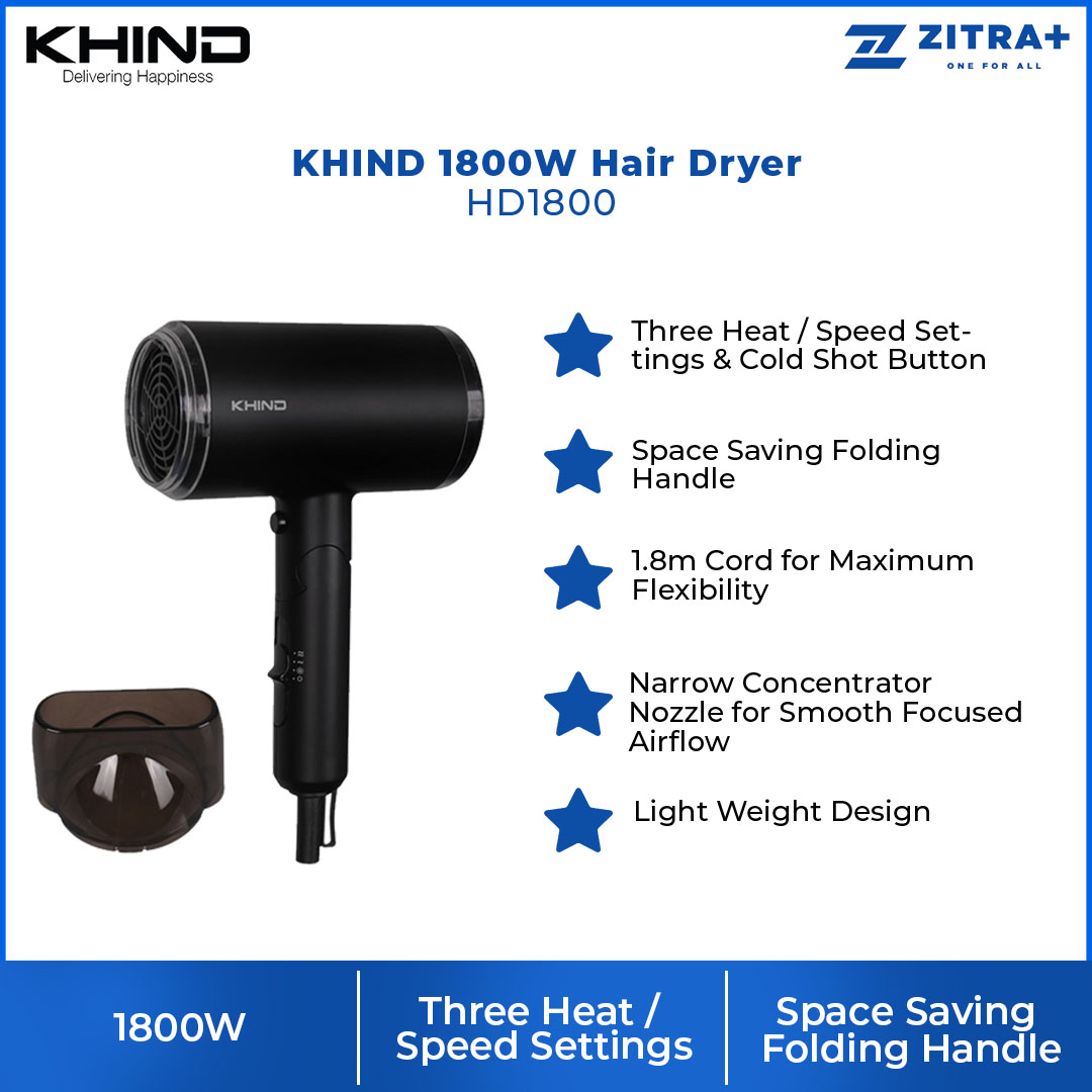 KHIND 1800W Hair Dryer HD1800 | 3 Heat / Speed Settings & Cold Shot Button | Narrow Concentrator Nozzle for Smooth Focused Airflow | Space Saving Folding Handle | Hair Dryer with 1 Year Warranty