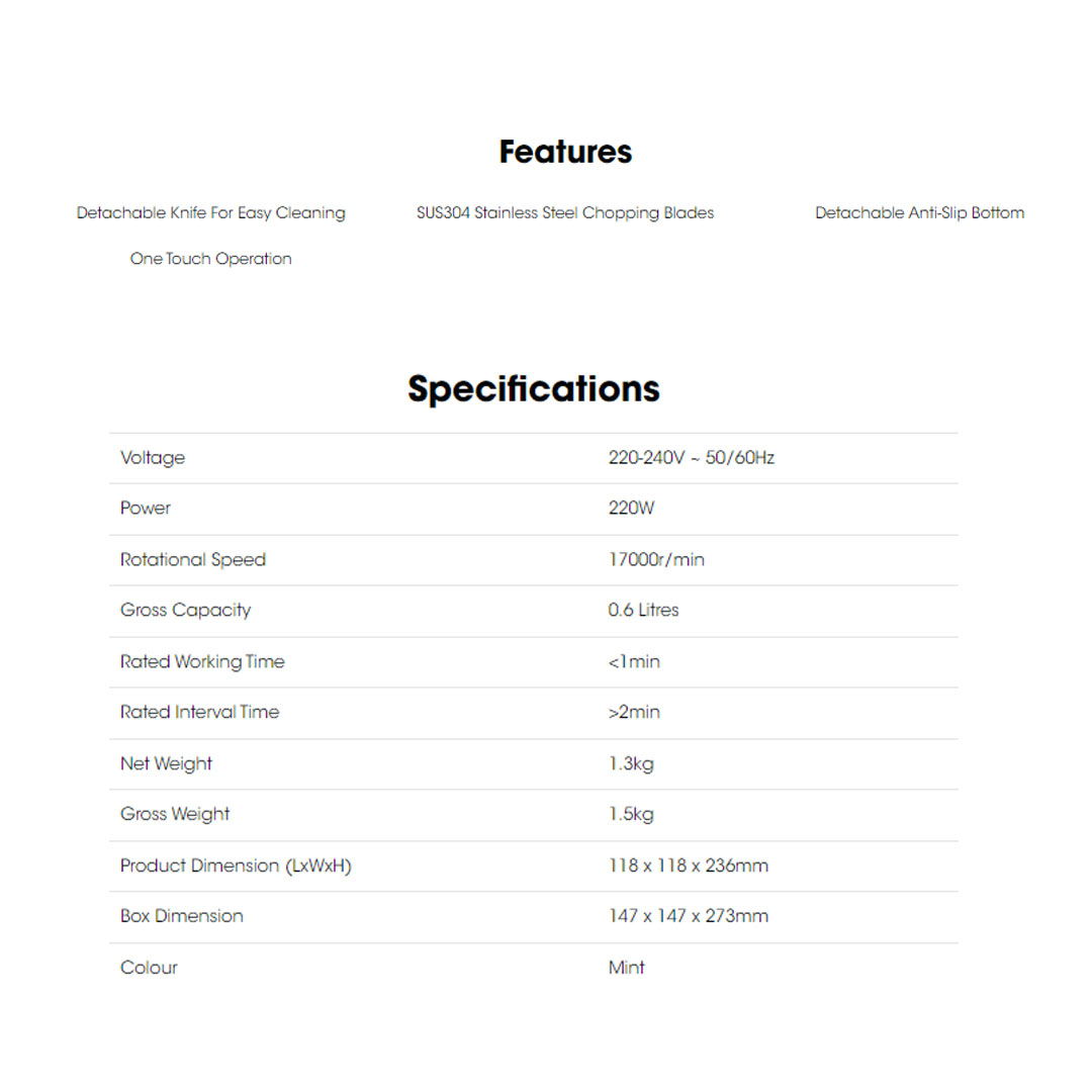 KHIND 0.6L Mini Food Chopper FPC900 | Detachable Knife For Easy Cleaning | SUS304 Stainless Steel Chopping Blades | One Touch Operation | Food Chopper with 1 Year Warranty