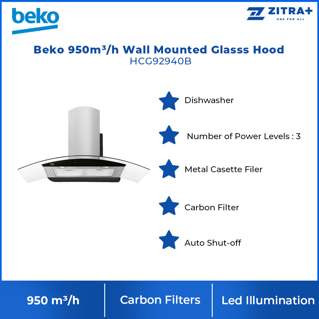 Beko 950m³/h Wall-mounted Designer Hood HCG92940B | 3 Levels of Power Selection | Touch control | Metal Casette Filter | Auto Shut-off | Dishwasher-safe Filters | Hood with 2 Years General Warranty & 12 Years Motor Warranty
