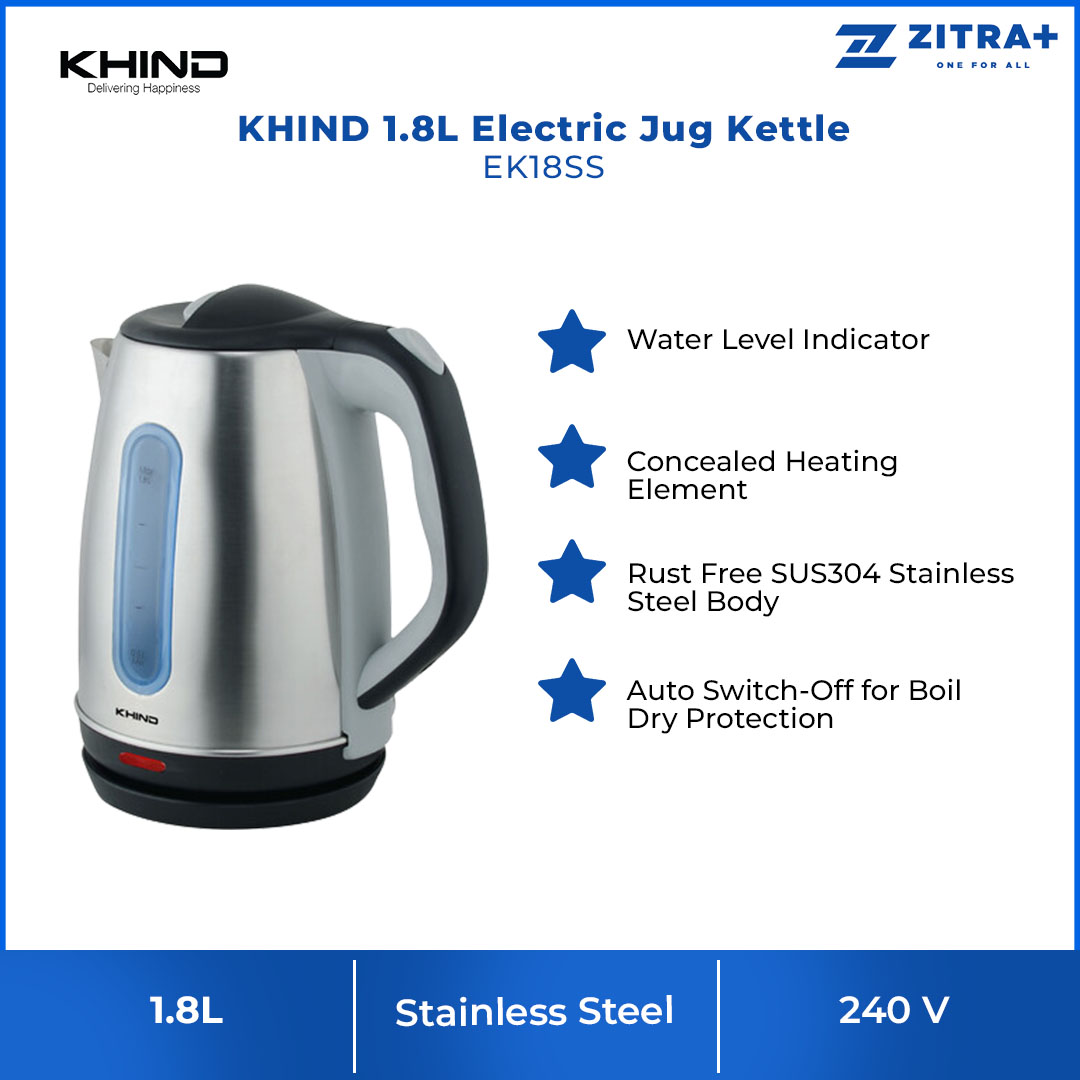KHIND 1.8L Electric Jug Kettle EK18SS | Rust Free SUS304 Stainless Steel Body | Auto Switch-Off for Boil Dry Protection | Concealed Heating Element | Kettle with 1 Year Warranty