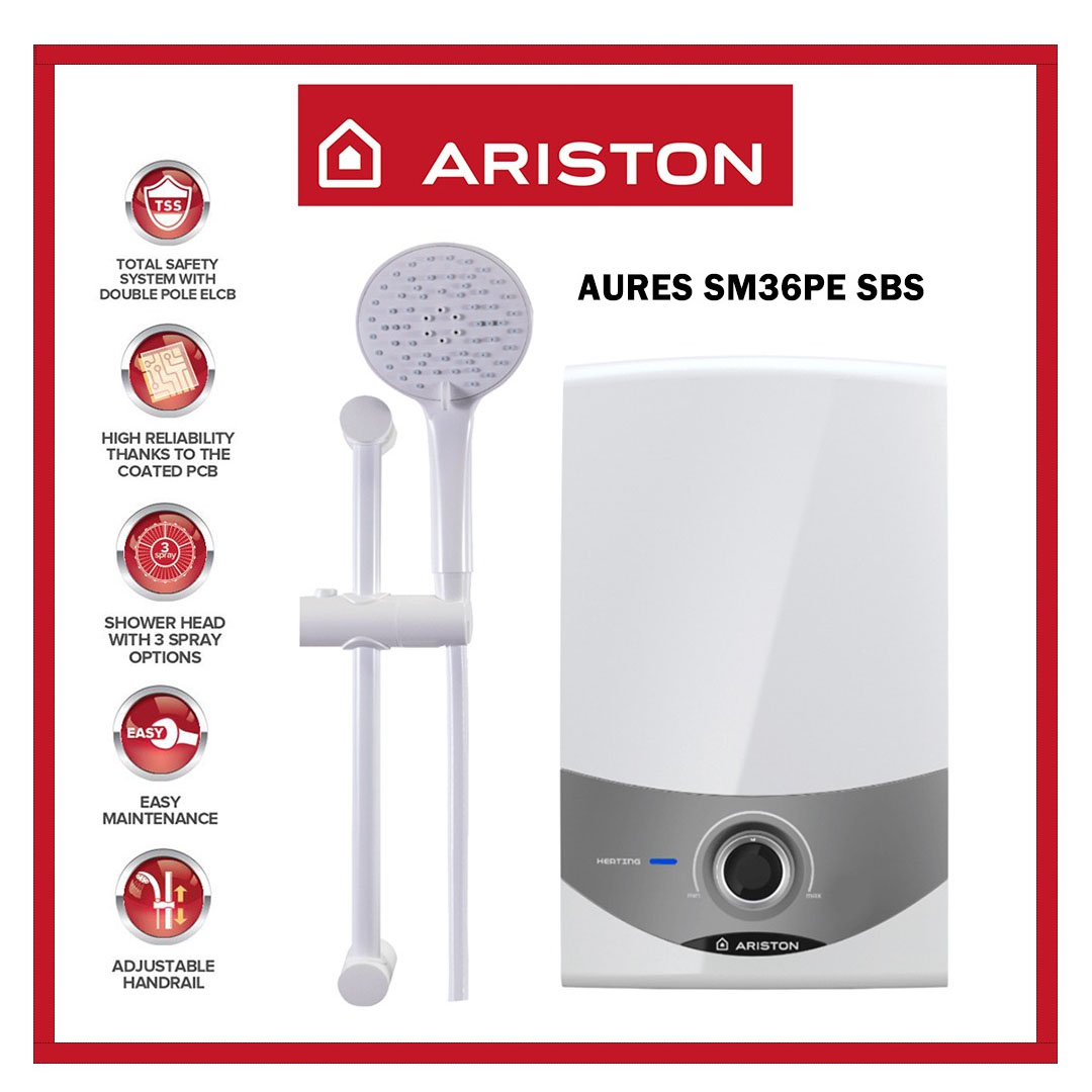 ARISTON 3600W DC Pump Electric Instant Water Heater SM36PESBS | 3 Sprays Shower | Protection From Water Splash | Double Pole ELCB | Water Heater with 1 Year General Warranty & 5 Years Heating Element Warranty