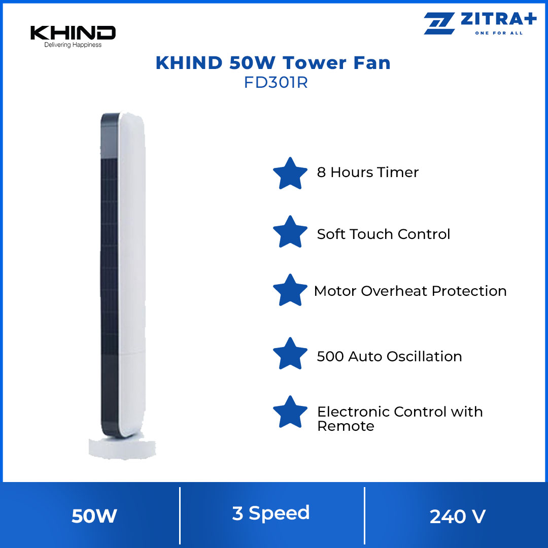 KHIND 50W Tower Fan FD301R | Auto Oscillation | Motor Overheat Protection | With Detachable Air Filter Net | 3 Speed Setting | Tower Fan with 1 Year Warranty