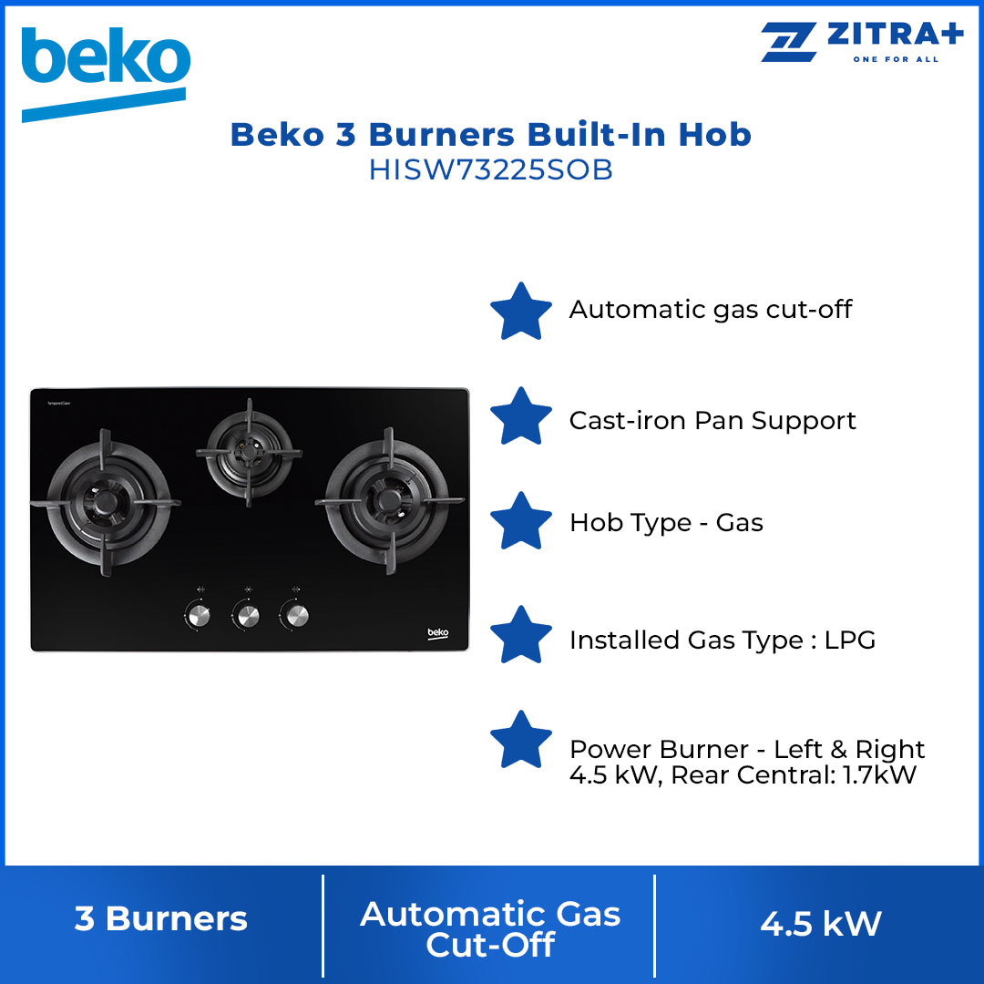 Beko 3 Burners Built-In Hob HISW73225SOB |  Automatic Gas Cut-Off | 2 Wok Burners and 1 Gas Burner | Cast-iron Pan Support | LPG Gas Type | Integrated Ignition | Built-In Hob with 2 Years Warranty