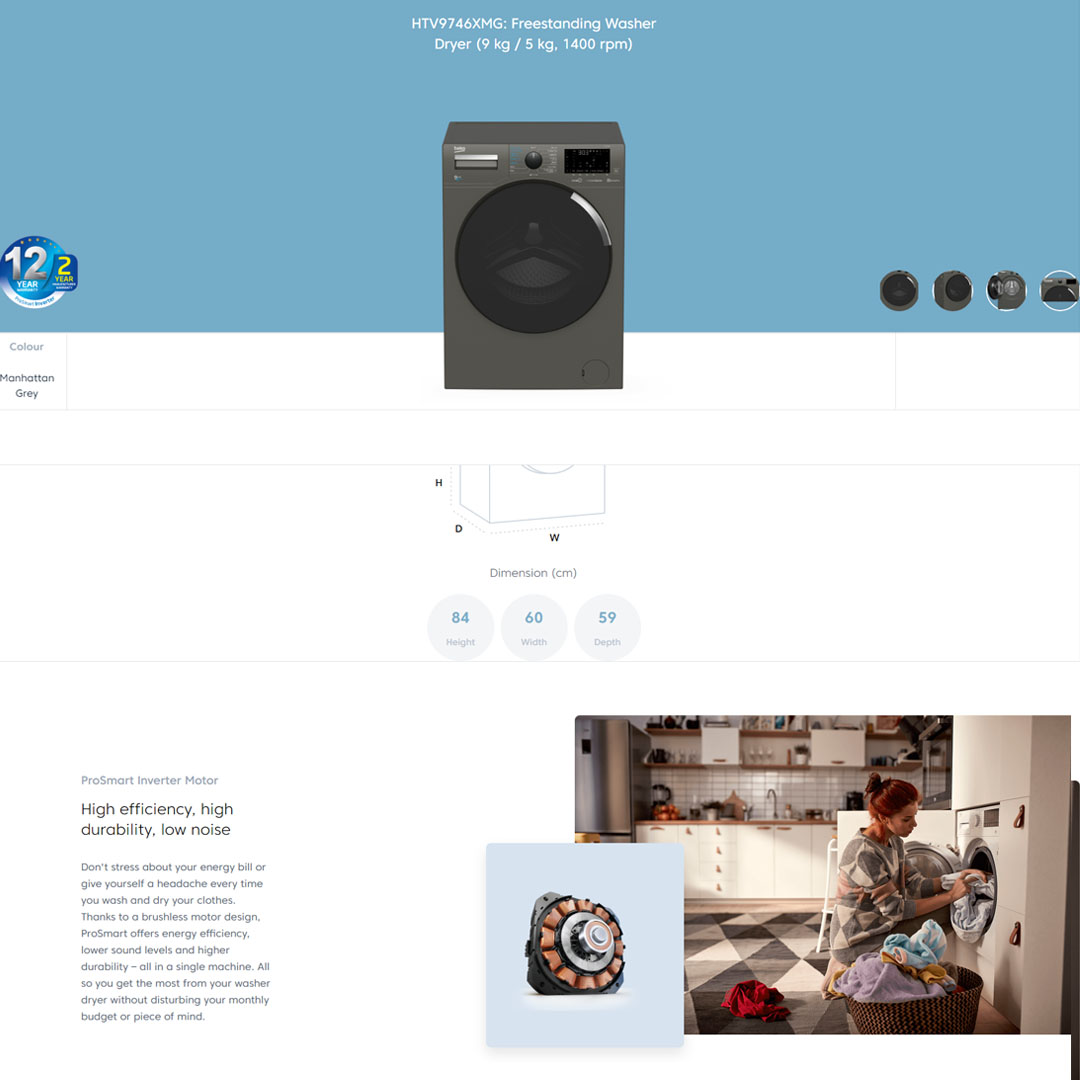 Beko 9KG/5KG Front Load ProSmart Inverter Washer Dryer HTV9746XMG | ProSmart Inverter Motor | 15 Preset Programmes | Hygiene+ Wash & Dry Programme | Washer Dryer with 2 Years General Warranty & 12 Years Motor Warranty