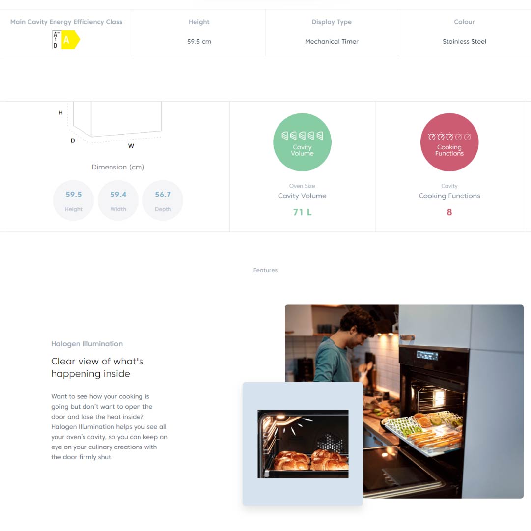 Beko 71L Built-In Oven BIM22100X | Halogen Illumination | Durable Door | Mechanical Timer | Removable Door Glass | Energy Efficiency Class: A | Oven with 2 Years Warranty