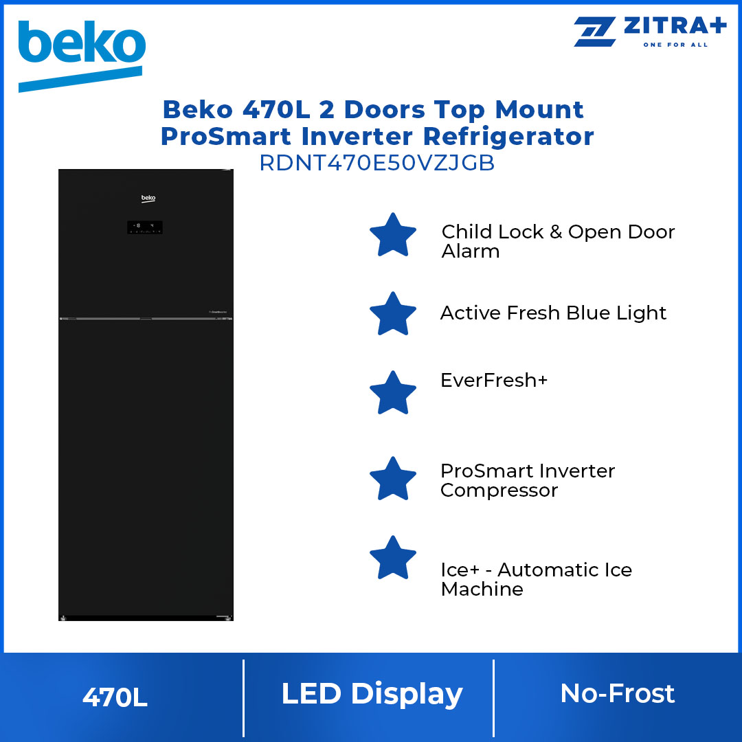 Beko 470L 2 Door Top Mount ProSmart Inverter Refrigerator RDNT470E50VZJGB | NeoFrost Dual Cooling | ProSmart Inverter Compressor | Active Odour Filter | Refrigerator with 2 Years General Warranty & 12 Years Motor Warranty