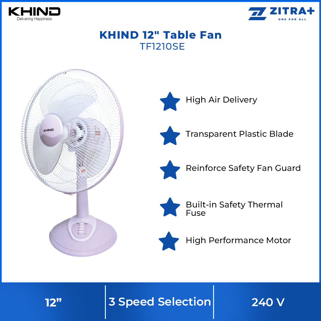 KHIND 12" Table Fan TF1210SE | 3 Speed Selection | Built-in Safety Thermal Fuse | Strong Air Delivery | Full Copper Motor | Table Fan with 1 Year General Warranty & 3 Years Motor Warranty