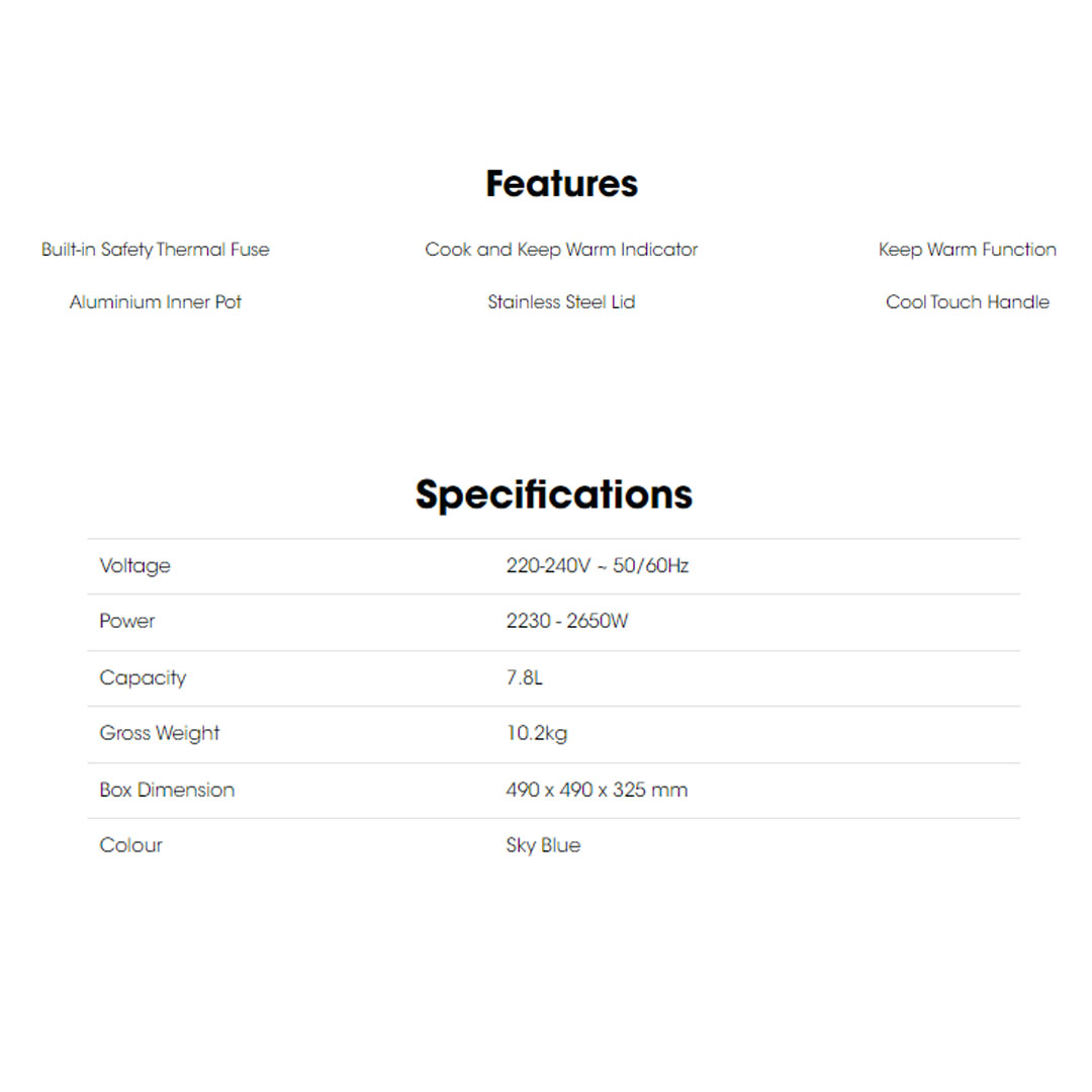 KHIND 7.8L Rice Cooker RC780 | Thermal Fuse Protection to Prevent Overheating | Aluminium Inner Pot | Auto Keep Warm Function | Rice Cooker with 1 Year Warranty