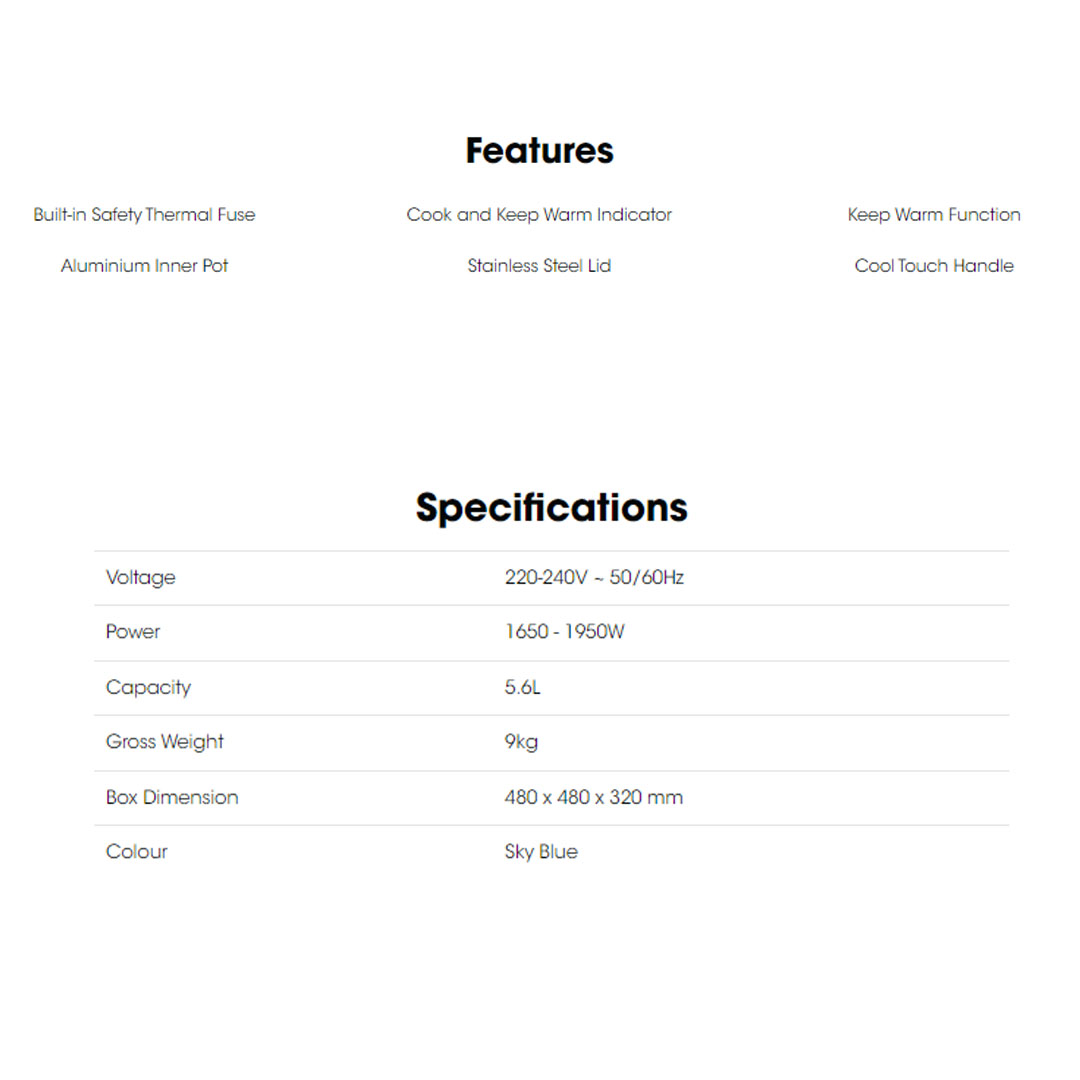 KHIND 5.6L Rice Cooker RC561 | Automatic Keep Warm Function | Built-In Thermal Fuse Protection to Prevent Overheating | Aluminium Inner Pot | Rice Cooker with 1 Year Warranty