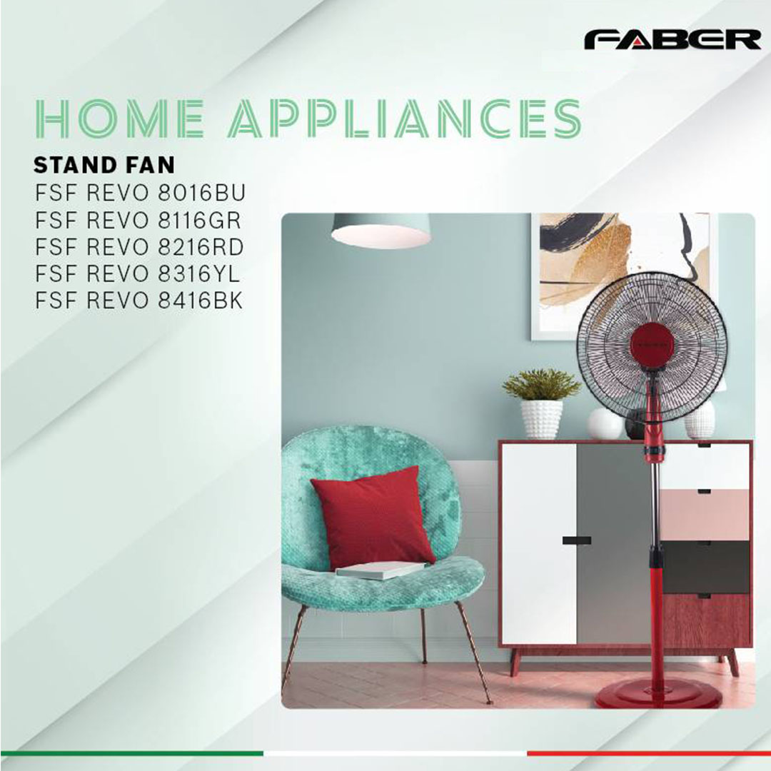 FABER 16" Stand Fan FSF REVO 8416BK / FSF REVO 8216RD / FSF REVO 8116GR | 3 Star Energy Rating | 3 Speed | 100% Copper Motor | 1265rpm Fan Speed | Stand Fan with 1 Year General Warranty & 2 Years Motor Warranty