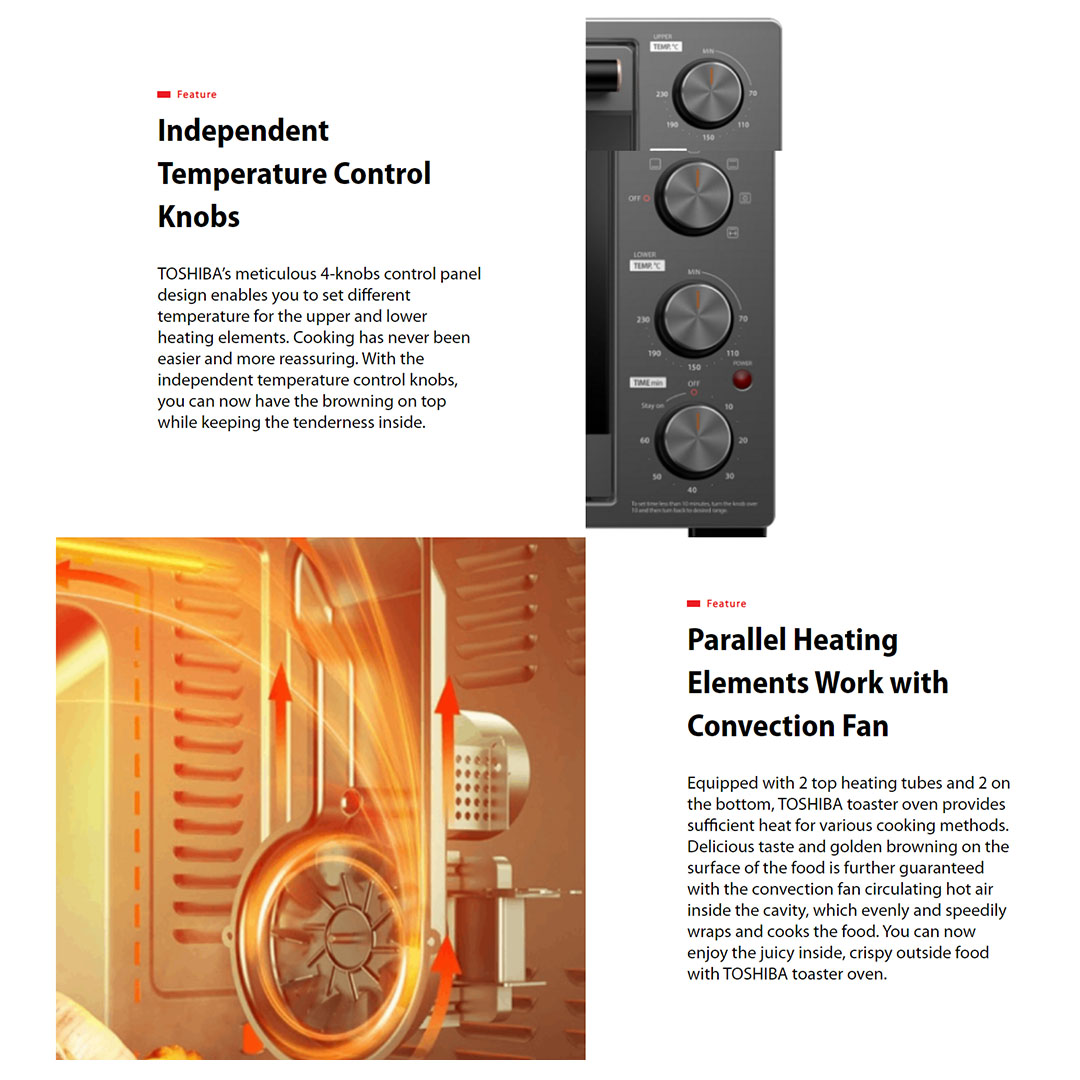 TOSHIBA 40L Toaster Oven TL-MC40EZF(GR) | Independent Temperature Control Knobs | Parallel Heating Elements Work with Convection Fan | Auto Rotisserie | Timeless Design with Double-layer Glass Door | Toaster Oven with 1 Year Warranty