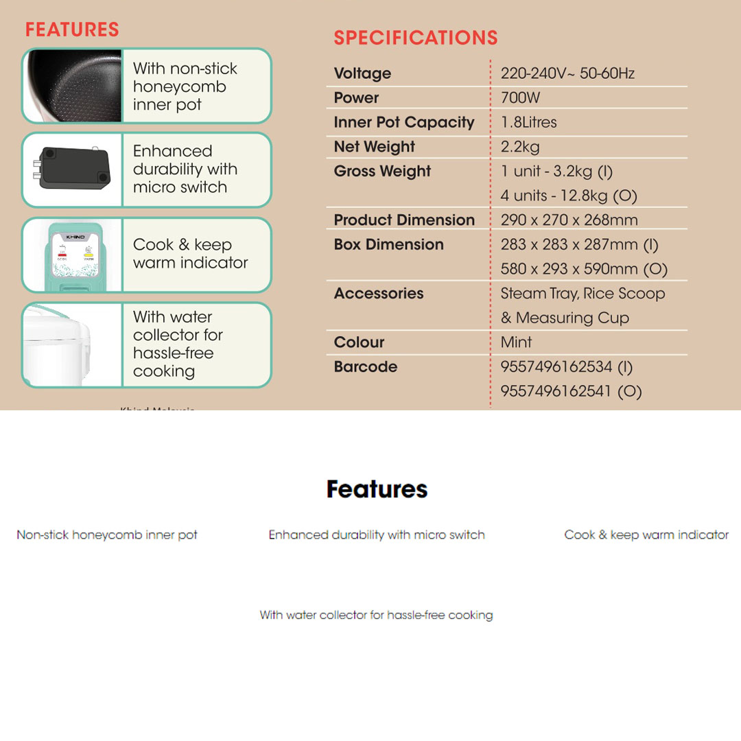 KHIND 1.8L Rice Cooker RCJ188 | Non-stick Honeycomb Inner Pot | Enhanced Durability with Micro Switch | Cook & Keep Warm Indicator | Rice Cooker with 2 Years Warranty