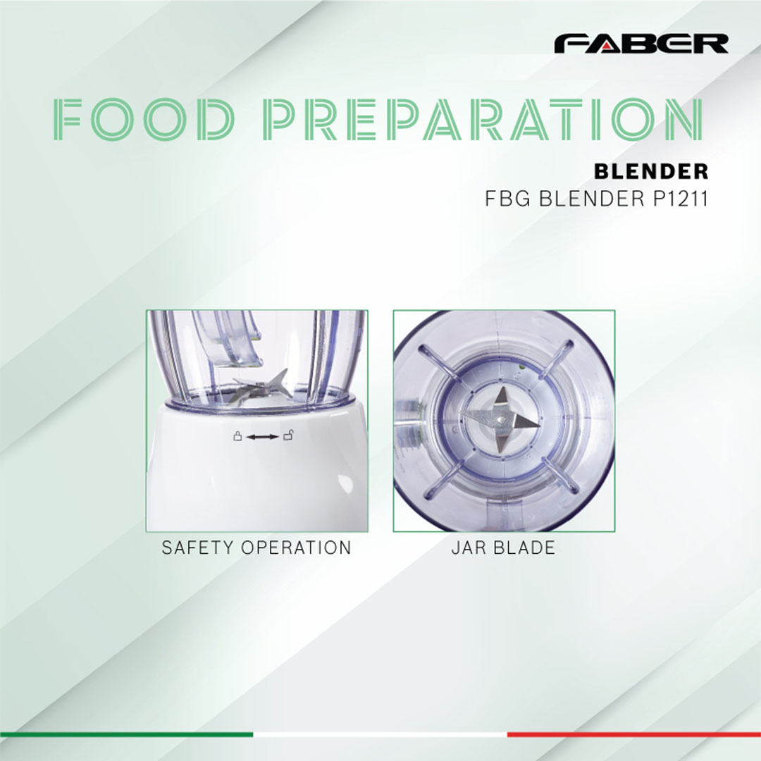 FABER 1.2L Blender FBG BLENDY P1211 | 2 Speed Control With Pulse | 1.2L Plastic Jar & 0.2L Grinder | Quality SUS Blade | Blender with 1 Year Warranty