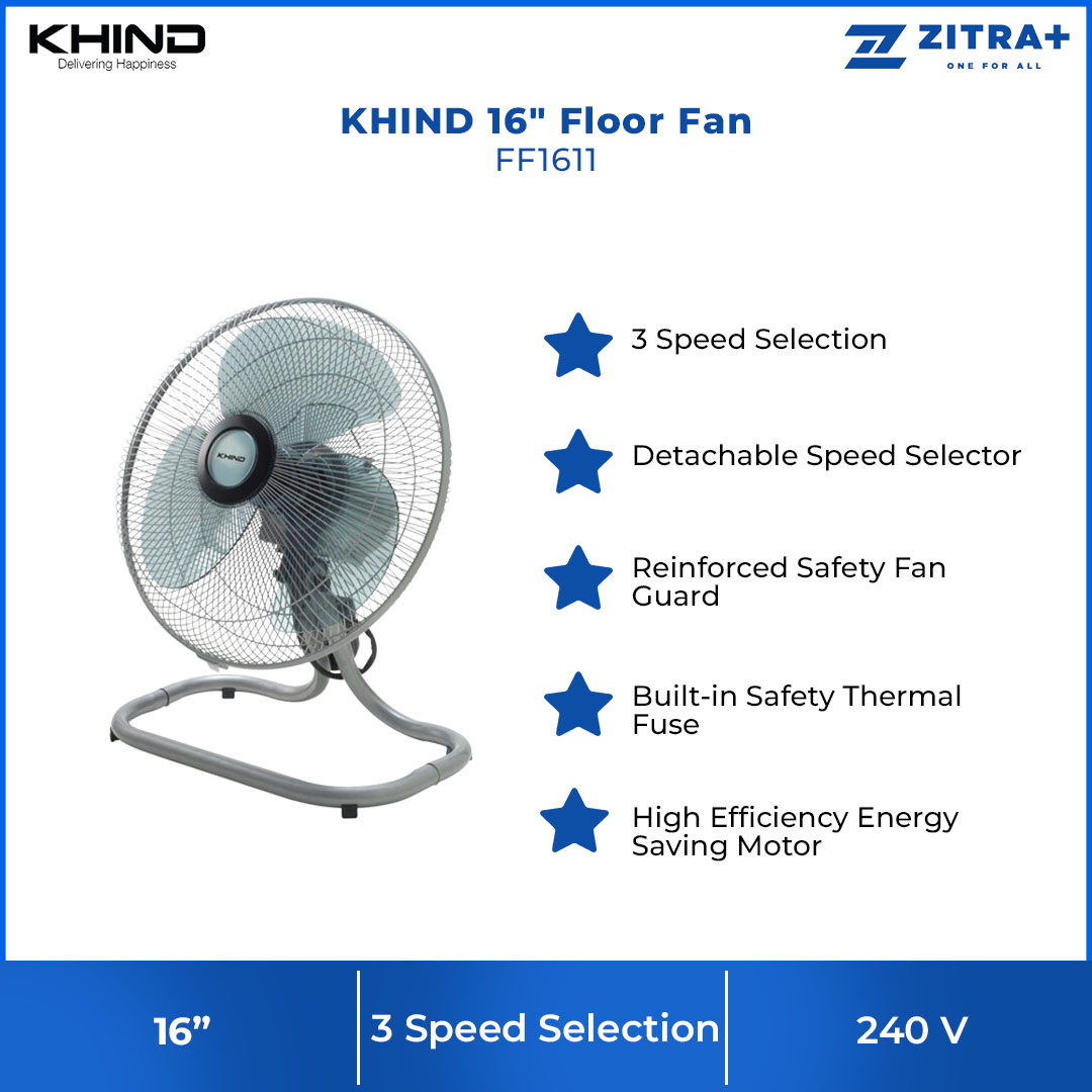 KHIND 16" Floor Fan FF1611 | Built-in Safety Thermal Fuse | High Efficiency Energy Saving Motor | 3 Speed Selection | Detachable Speed Selector | Floor Fan with 1 Year General Warranty & 3 Years Motor Warranty