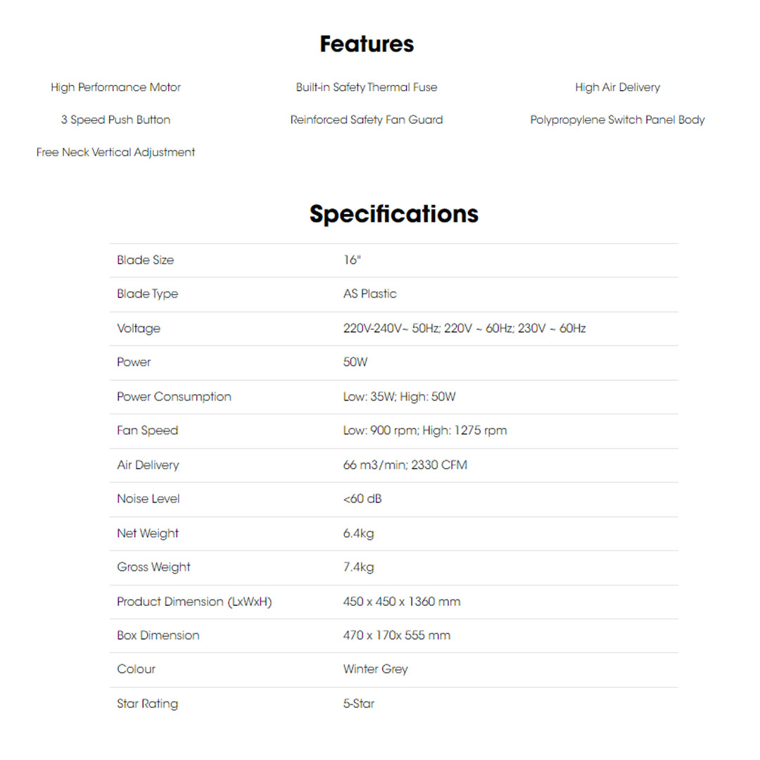 KHIND 16" Stand Fan SF1682SE | Built-in Safety Thermal Fuse | 3 Speed Push Button | High Performance Motor | Stand Fan with 1 Year General Warranty & 3 Years Motor Warranty