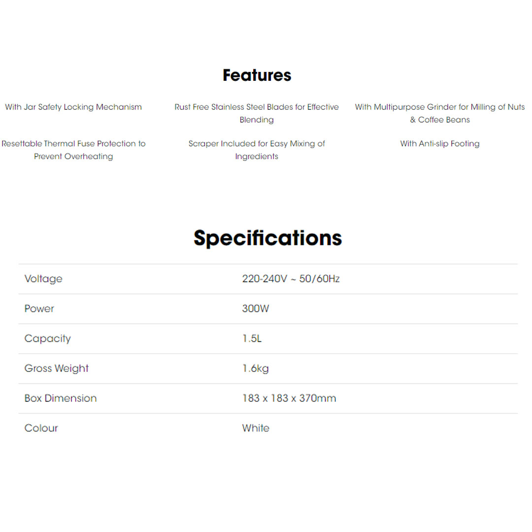 KHIND 1.5L Blender BL1515 | With Resettable Thermal Link for Motor Protection | Jar Safety Locking Mechanism | Quality Stainless Steel Blade | Blender with 1 Year Warranty