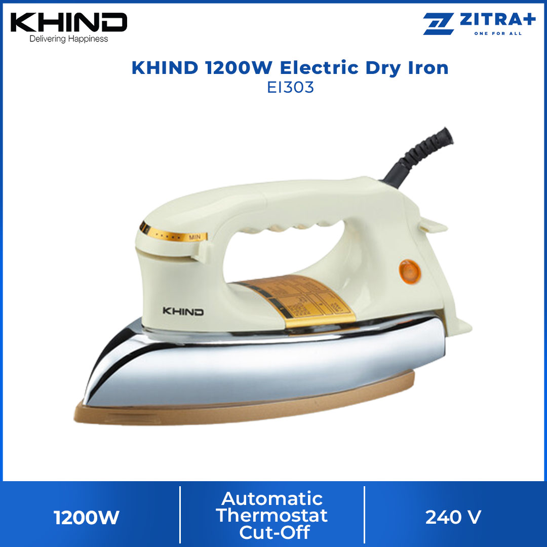 KHIND 1200W Electric Dry Iron EI303 | Ceramic Coated Sole Plate | Automatic Thermostat Cut-Off | Pilot Indicator Light | Deluxe Silver Metal Cover | Iron with 1 Year Warranty