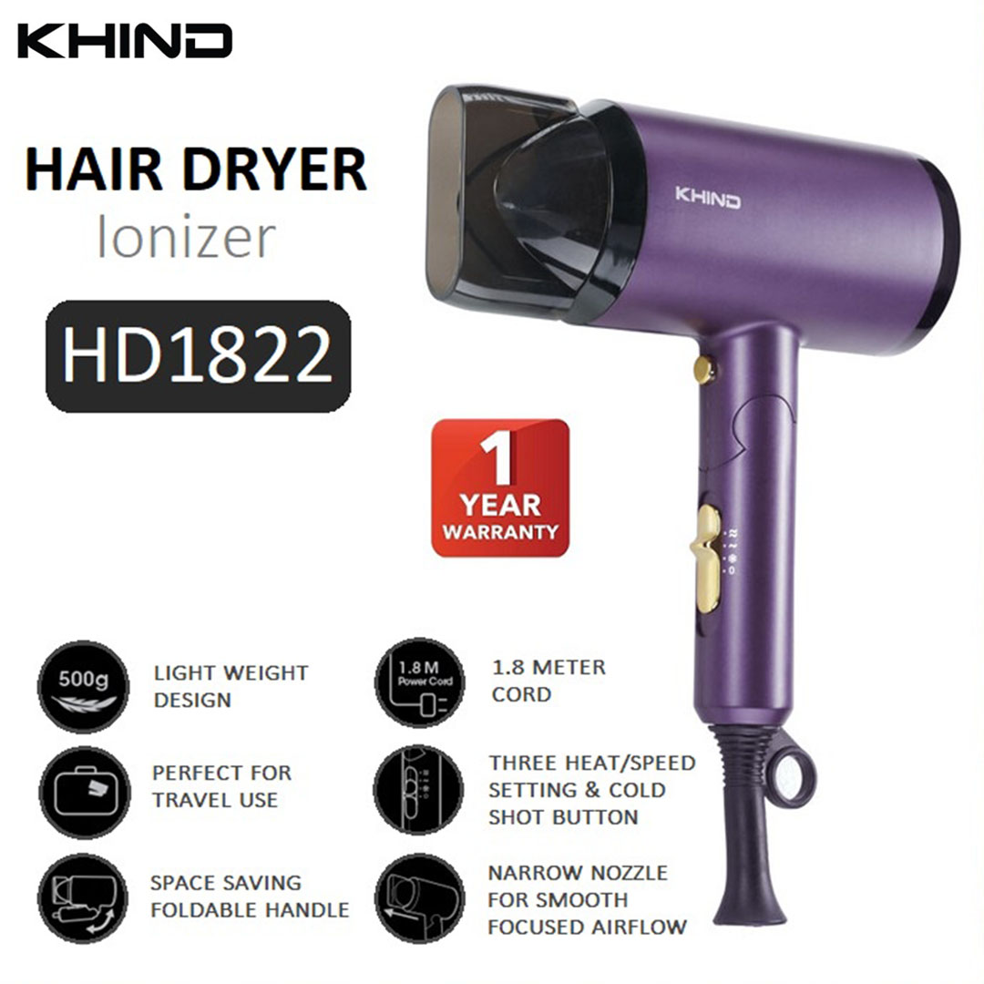 KHIND 1800W Ionizer Hair Dryer HD1822 | 3 Heat / Speed Settings & Cold Shot Button | Narrow Concentrator Nozzle for Smooth Focused Airflow | Space Saving Folding Handle | Hair Dryer with 1 Year Warranty