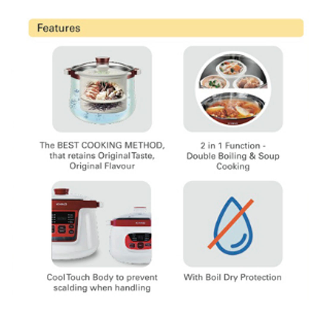 KHIND 3.2L Double Boiler DB32N | 2 in 1 Function - Double Boiling & Soup Cooking | With Boil Dry Protection | Free Recipe Book | Double Boiler with 2 Years Warranty