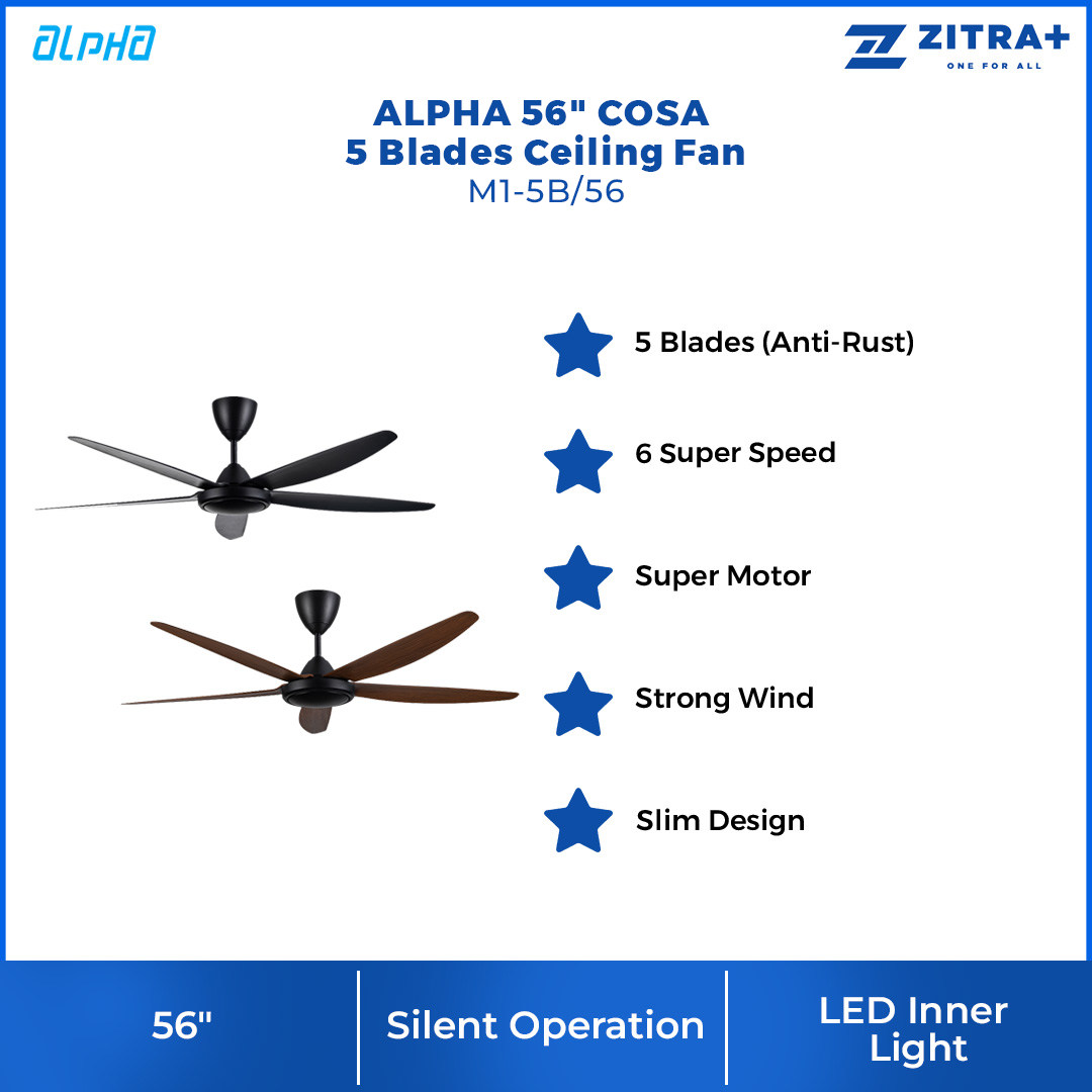 ALPHA 56" COSA 5 Blades Ceiling Fan M1-5B/56  | 6 Speed Available | AC Motor | ABS Blade | 5 Blades | Ceiling Fan with 1 Year Warranty