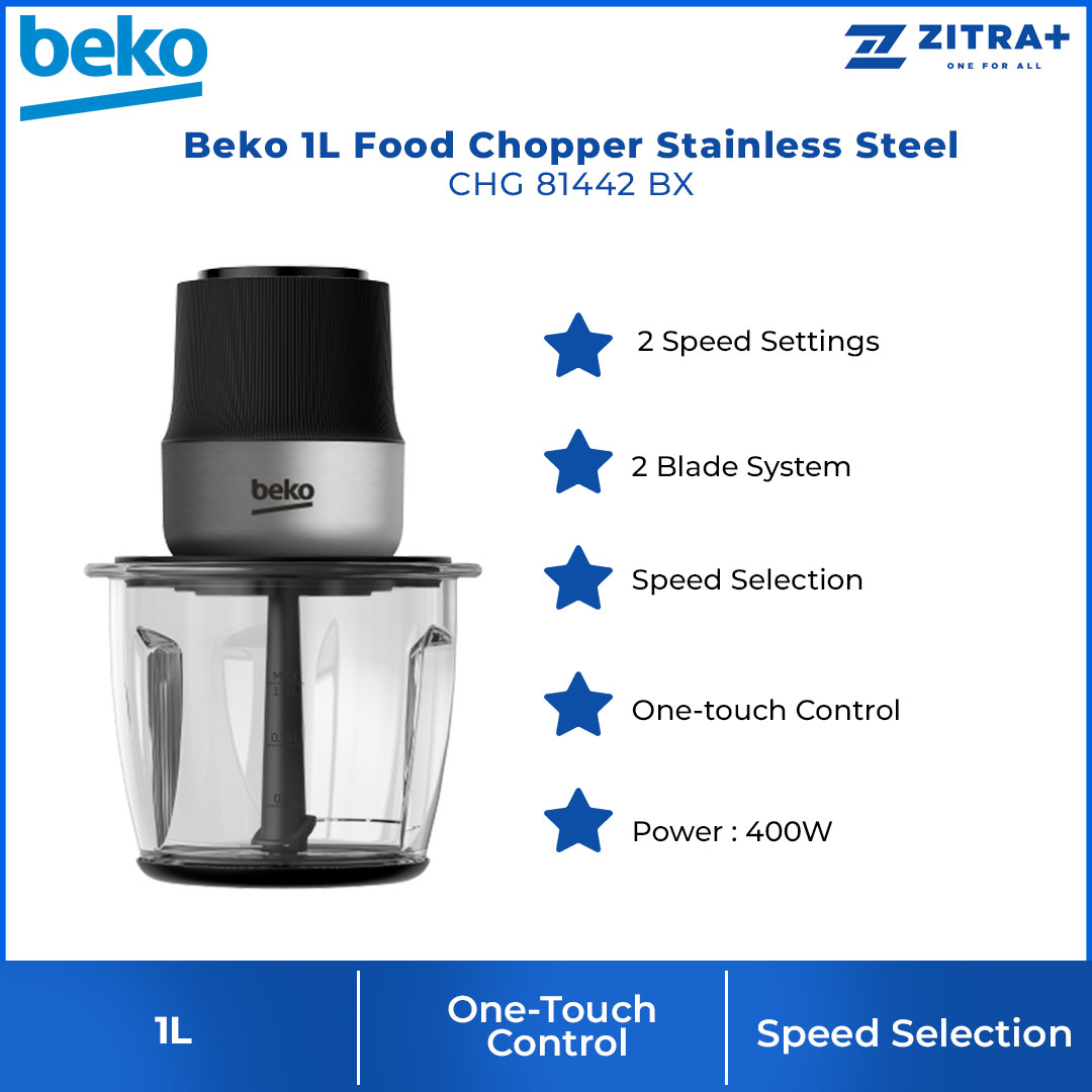Beko 1L Food Chopper CHG 81442 BX | 2 Speed Setting | 2 Blade System | Speed Selection | One Touch Control | Food Chopper with 2 Year General Warranty