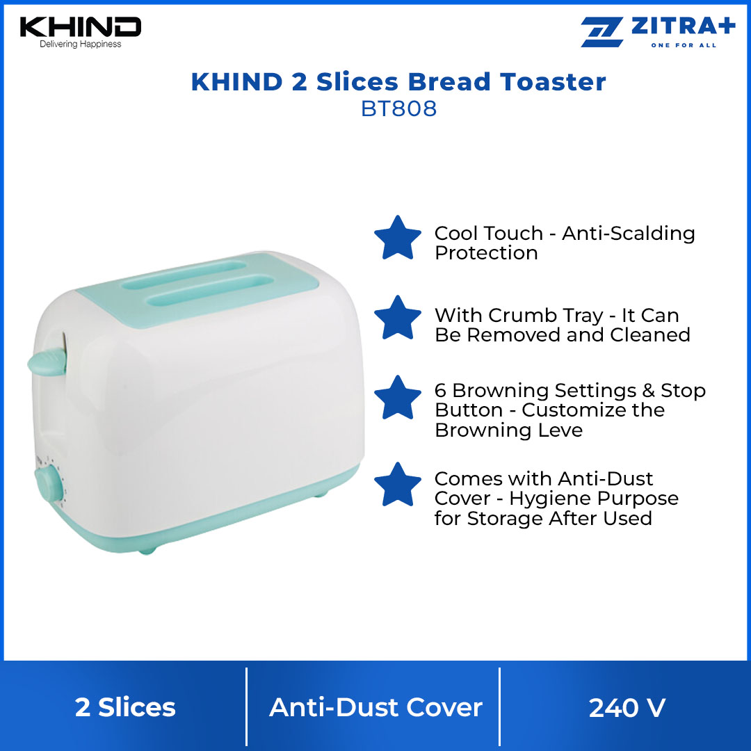 KHIND 2 Slices Bread Toaster with Anti-Dust Cover BT808 | Cool Touch - Anti-Scalding Protection | 6 Browning Settings & Stop Button | With Crumb Tray | Bread Toaster with 1 Year Warranty