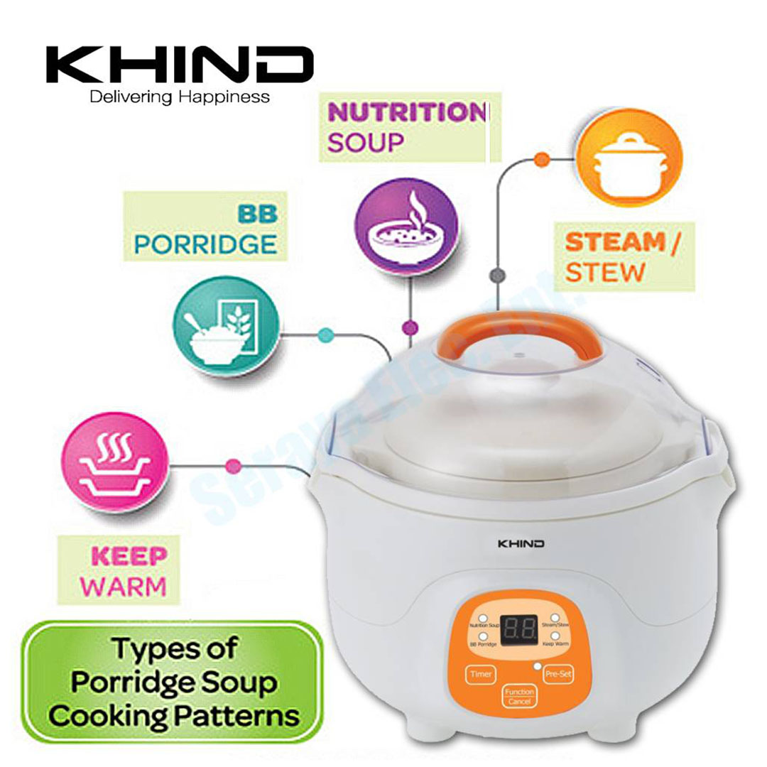 KHIND 0.7L Porridge Soup Cooker BPS07 | High Quality Ceramic Inner Pot | Microcomputer Intelligent Control and Pre-set Timer Function | Porridge Cooker with 1 Year Warranty