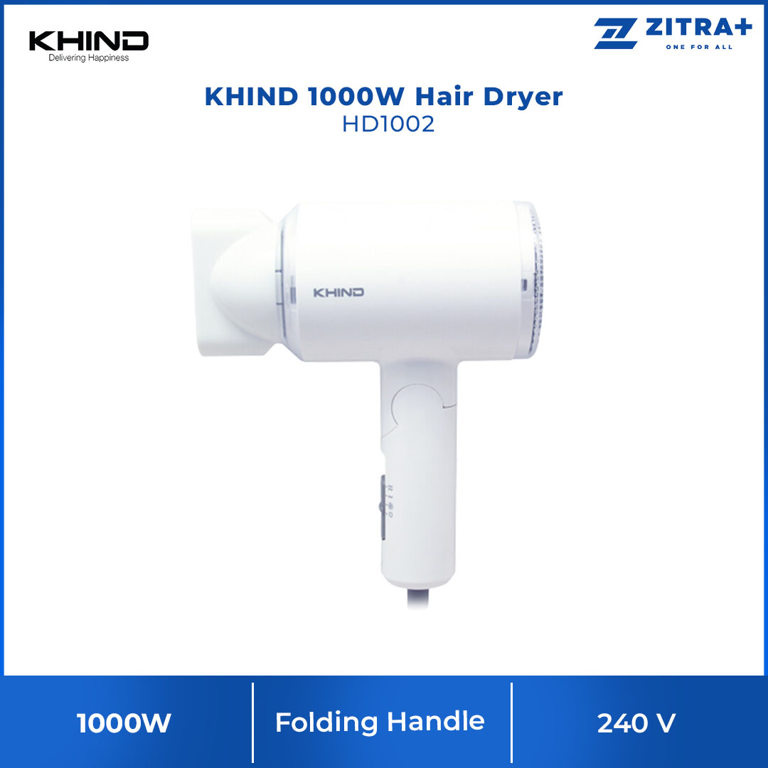 KHIND 1000W Hair Dryer HD1002 | Folding Handle - Space Saving, Storing at Will | Three Gears of Heat/Speed Settings & Cool Button | 1.8 Meter Exposed Cable Length | Hair Dryer with 1 Year Warranty
