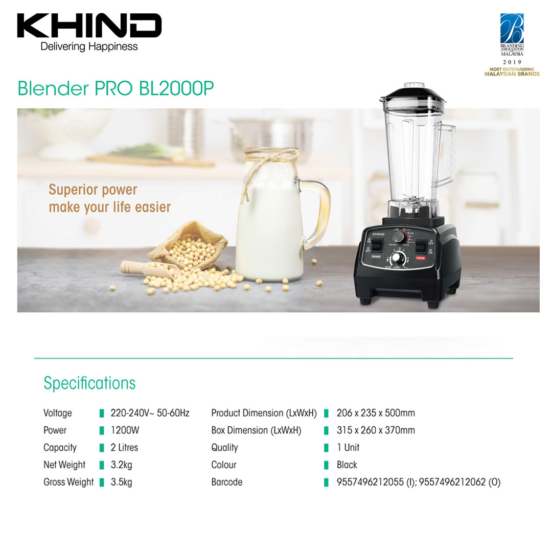 KHIND 2L Multifunction Blender PRO BL2000P | 6 Points Stainless Steel Blades | Pulse Function | Whole Copper Motor | Variable Speeds & Timer Selection | Blender with 1 Year Warranty