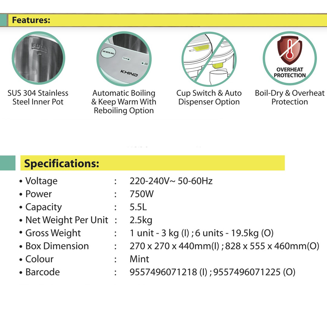 KHIND 5.5L Thermopot AP550 | SUS304 Stainless Steel Inner Pot | Automatic Boiling & Keep Warm with Reboiling Option | Boil-Dry & Overheat Protection | Thermo Pot with 1 Year Warranty