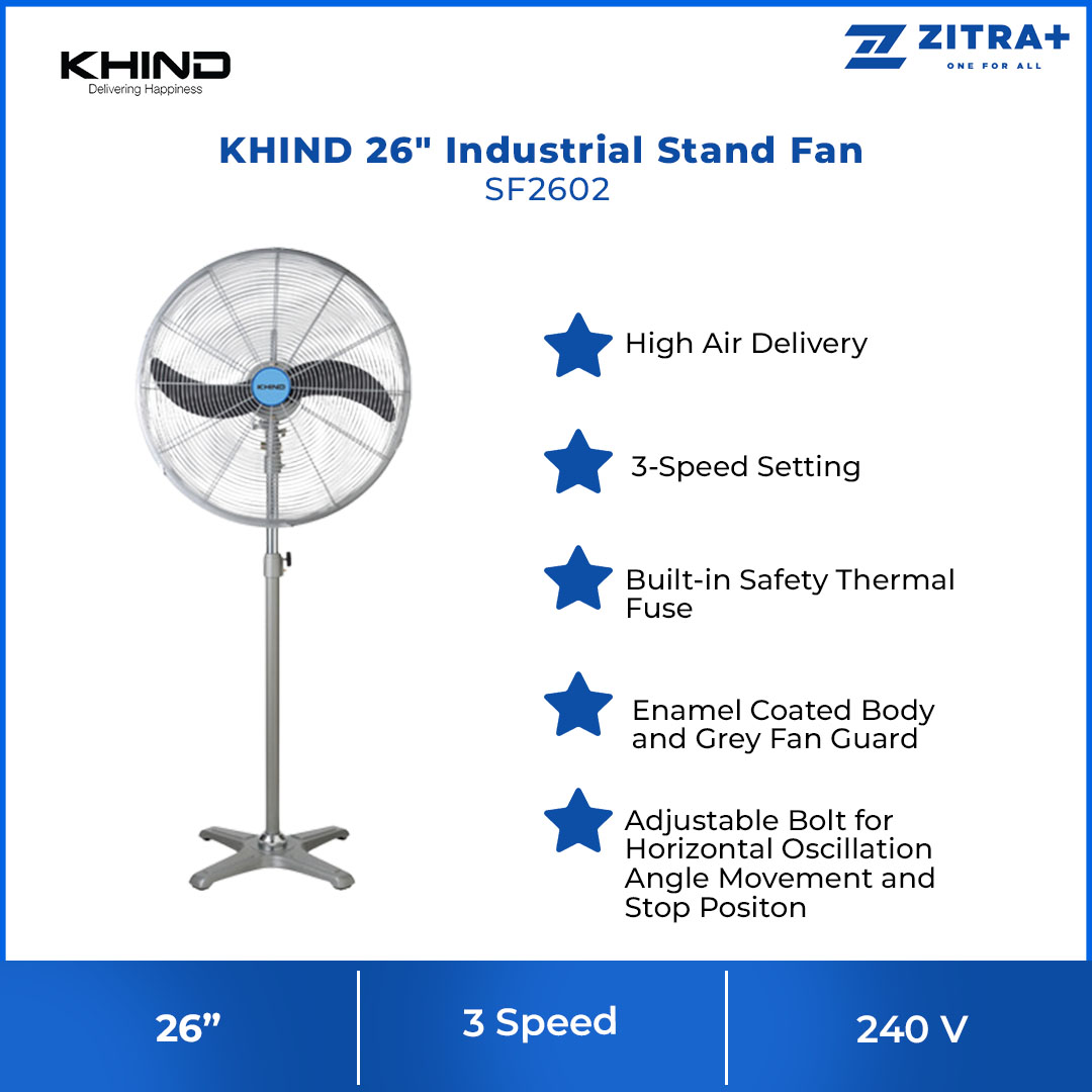 KHIND 26"  Industrial Stand Fan SF2602 | Built-in Safety Thermal Fuse | 3-Speed Setting | High Air Delivery | Stand Fan with 1 Year General Warranty & 3 Years Motor Warranty