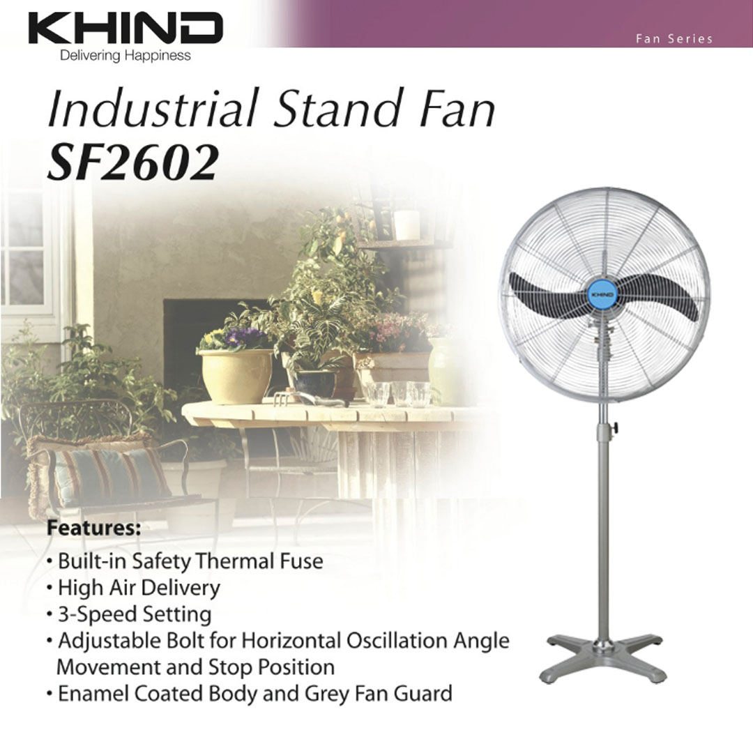 KHIND 26"  Industrial Stand Fan SF2602 | Built-in Safety Thermal Fuse | 3-Speed Setting | High Air Delivery | Stand Fan with 1 Year General Warranty & 3 Years Motor Warranty
