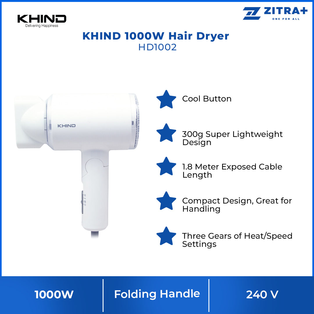 KHIND 1000W Hair Dryer HD1002 | Folding Handle - Space Saving, Storing at Will | Three Gears of Heat/Speed Settings & Cool Button | 1.8 Meter Exposed Cable Length | Hair Dryer with 1 Year Warranty