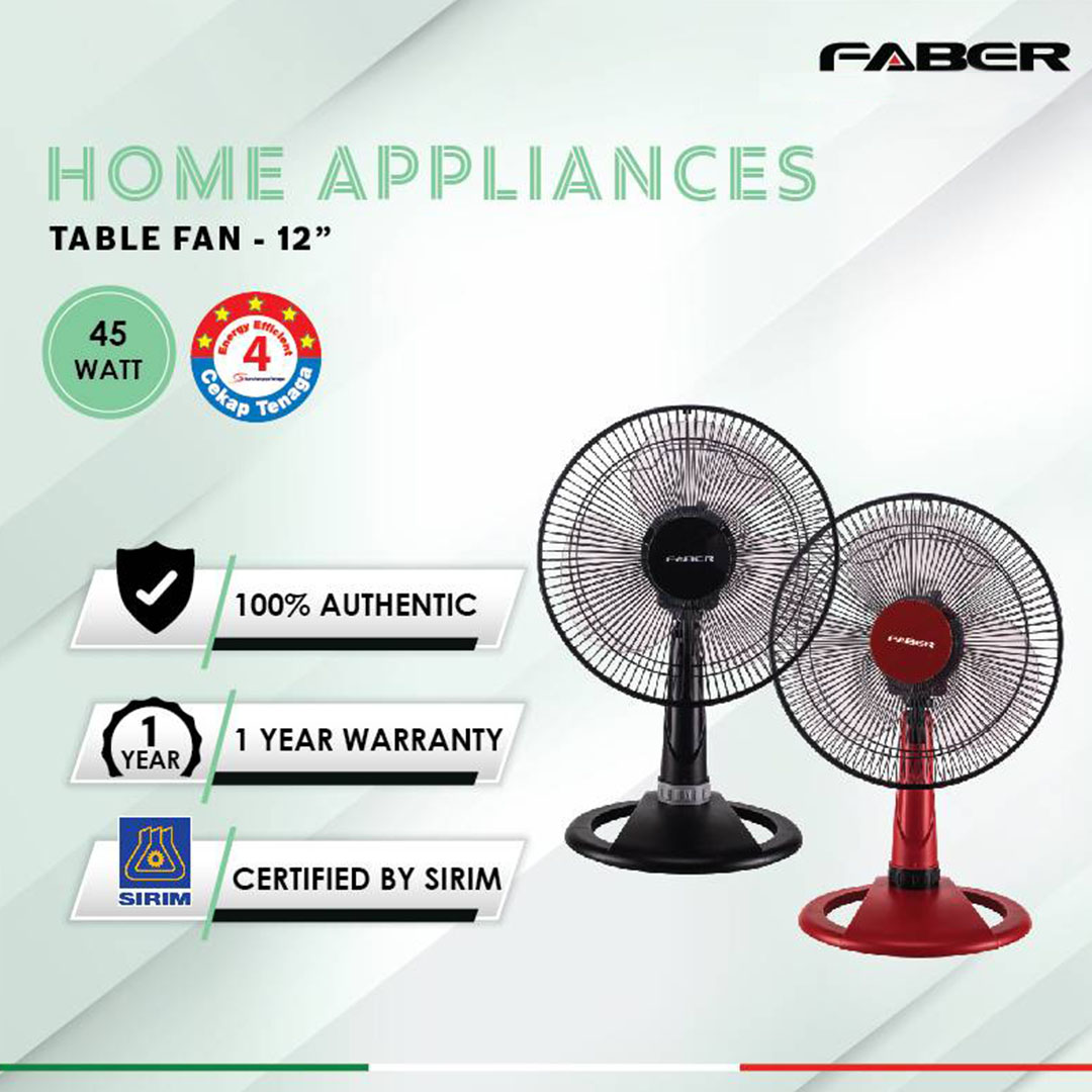 FABER 12" Table Fan FTF REVO 9112GR / FTF REVO 9012BU | 3 Speed | 100% Copper Motor | 4 Star Energy Rating | 51.5dB Noise Level | Table Fan with 1 Year General Warranty & 2 Years Motor Warranty