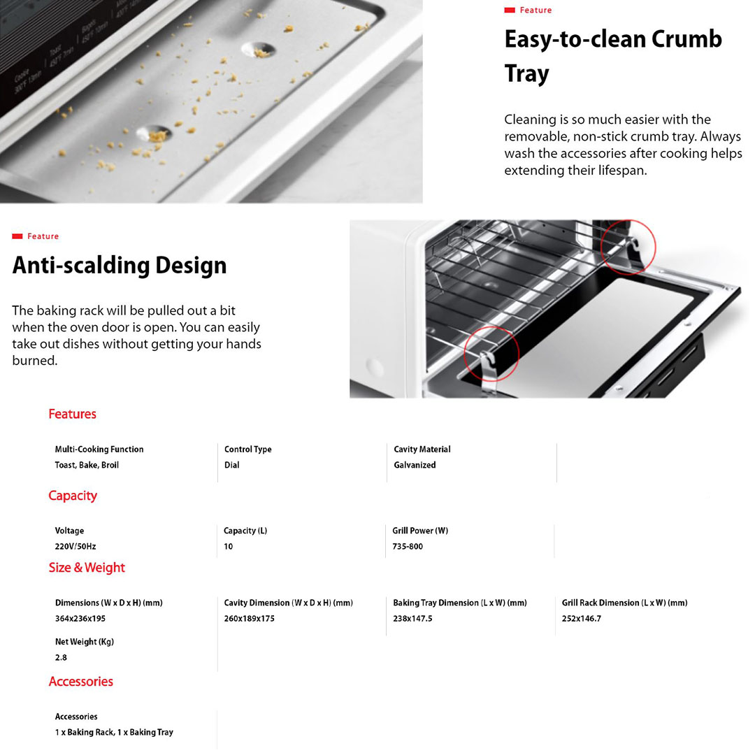 TOSHIBA 10L Toaster Oven TM-MM10DZF(WH) | Compact Footprint with Neat Design | Fast and Even Heating via Quartz Heating Elements | Two Knobs Easy Control | Easy-to-clean Crumb Tray | Anti-scalding Design | Toaster Oven with 1 Year General Warranty