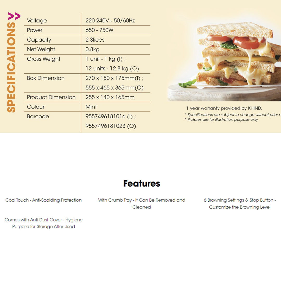 KHIND 2 Slices Bread Toaster with Anti-Dust Cover BT808 | Cool Touch - Anti-Scalding Protection | 6 Browning Settings & Stop Button | With Crumb Tray | Bread Toaster with 1 Year Warranty