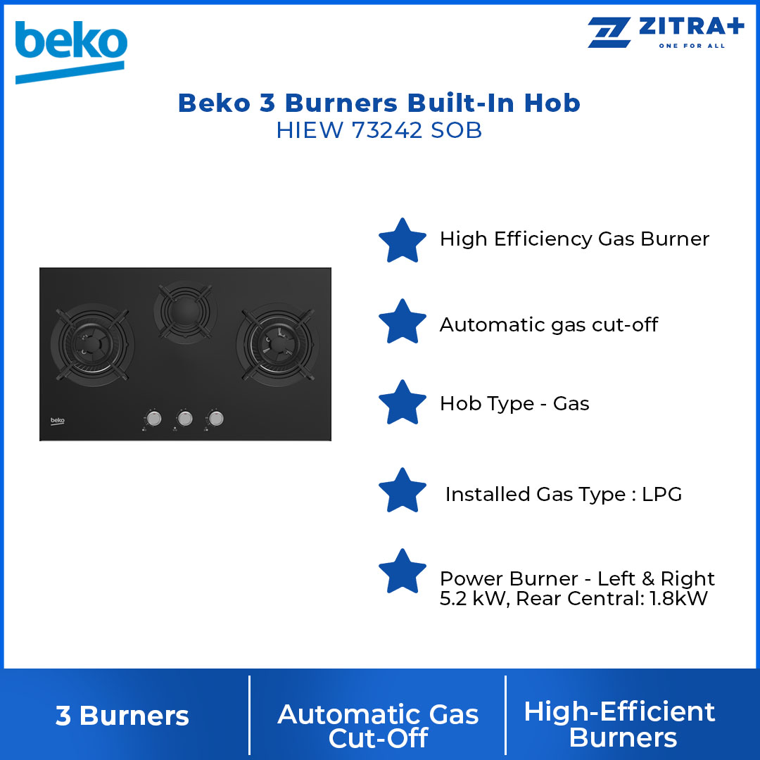 Beko 3 Burners Built-In Hob HIEW 73242 SOB | Automatic Gas Cut-off | Cast-iron Pan Support | 2 Wok Burners and 1 Gas Burner | Built-In Hob with 2 Years Warranty