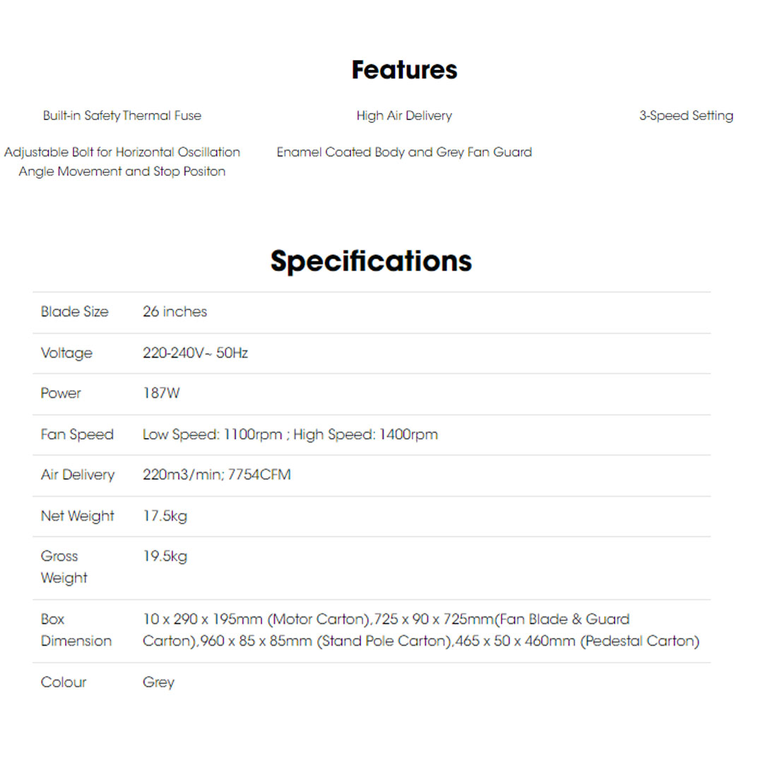 KHIND 26"  Industrial Stand Fan SF2602 | Built-in Safety Thermal Fuse | 3-Speed Setting | High Air Delivery | Stand Fan with 1 Year General Warranty & 3 Years Motor Warranty