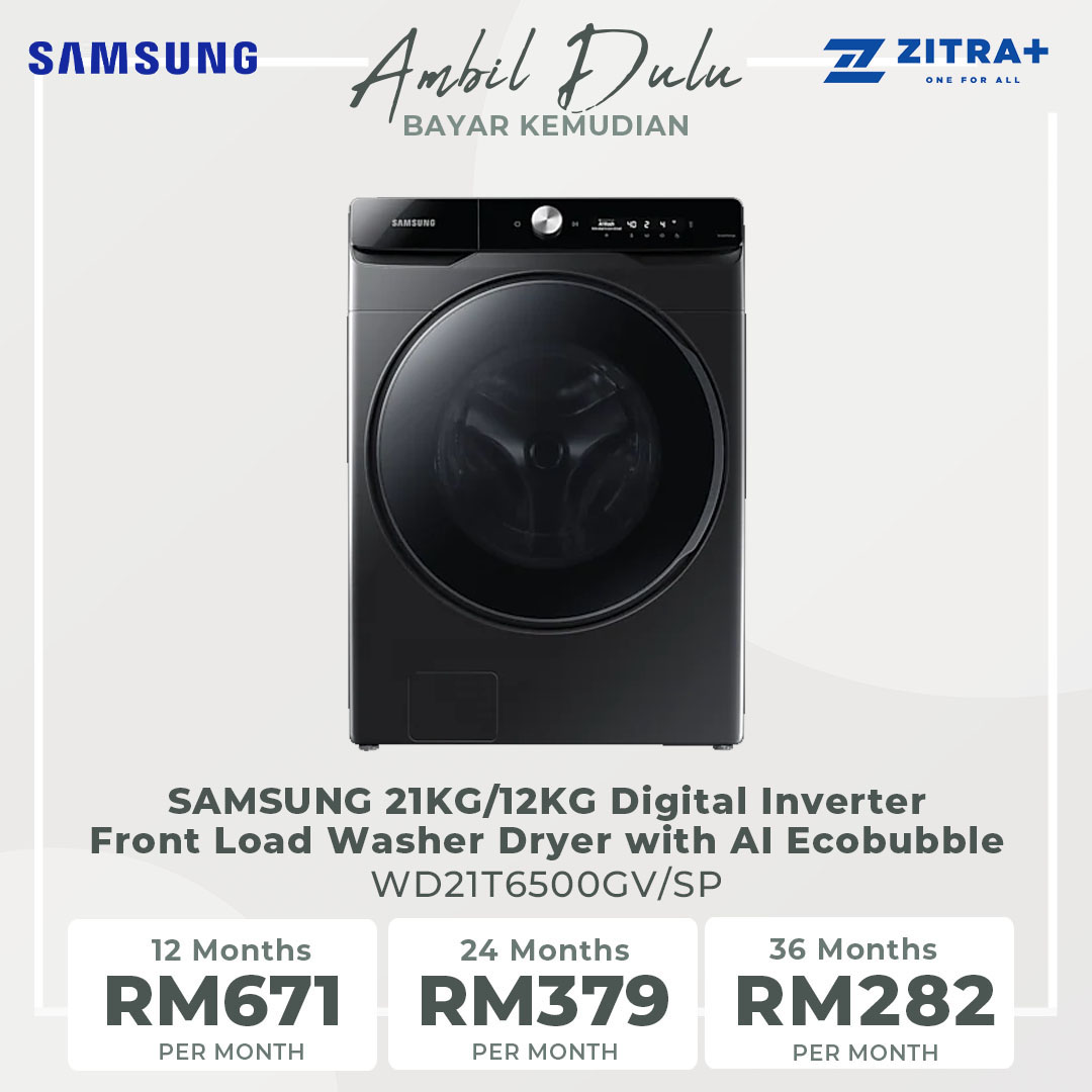 SAMSUNG 21KG/12KG Digital Inverter Front Load Washer Dryer with AI Ecobubble WD21T6500GV/SP | VRT+ | Air Wash | AI Control | Bubble Soak | Smart Control | Child Lock | Door Lock | Quick Wash | Steam | Auto Dispense | Washing Machine with 1 Year Warranty