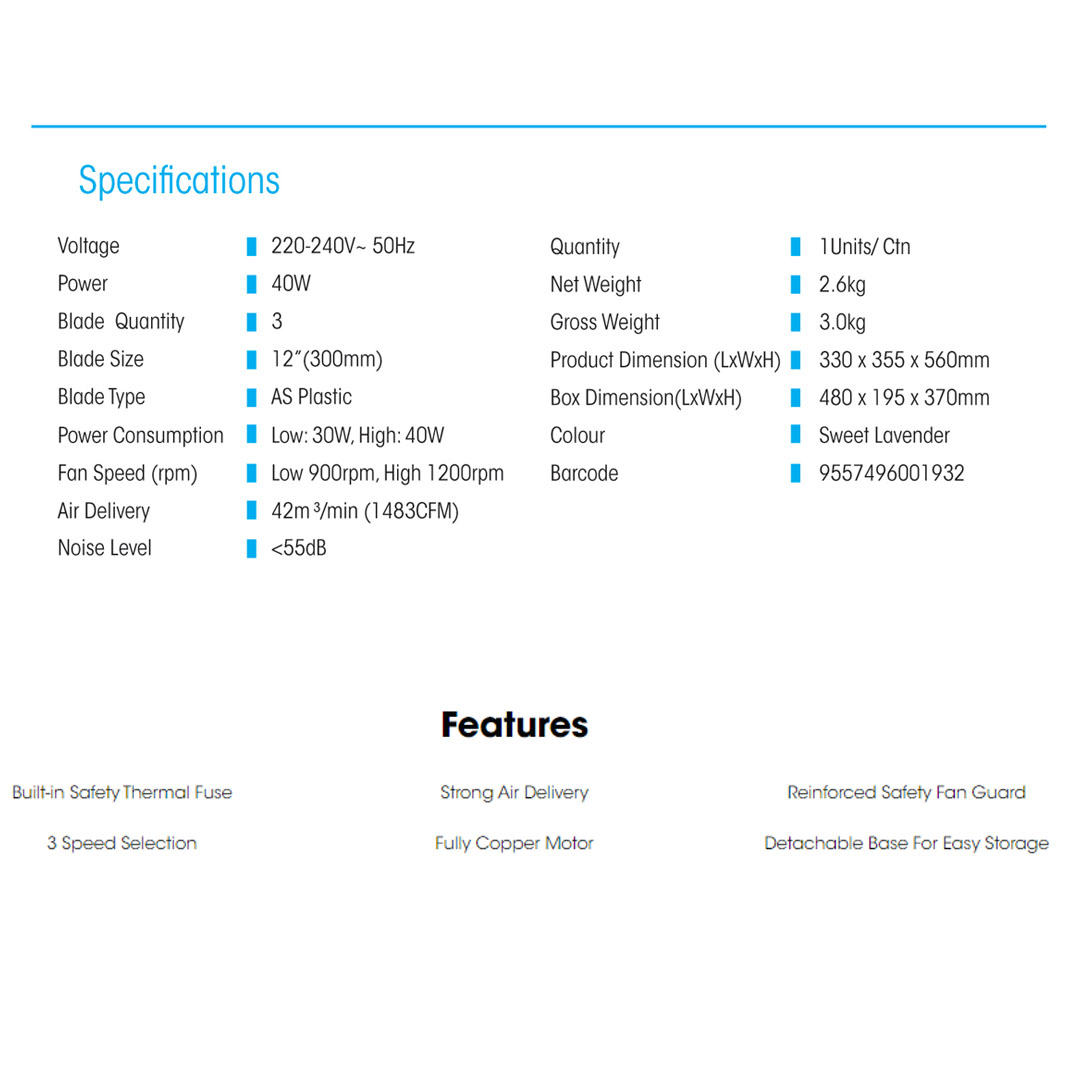 KHIND 12" Table Fan TF1210SE | 3 Speed Selection | Built-in Safety Thermal Fuse | Strong Air Delivery | Full Copper Motor | Table Fan with 1 Year General Warranty & 3 Years Motor Warranty