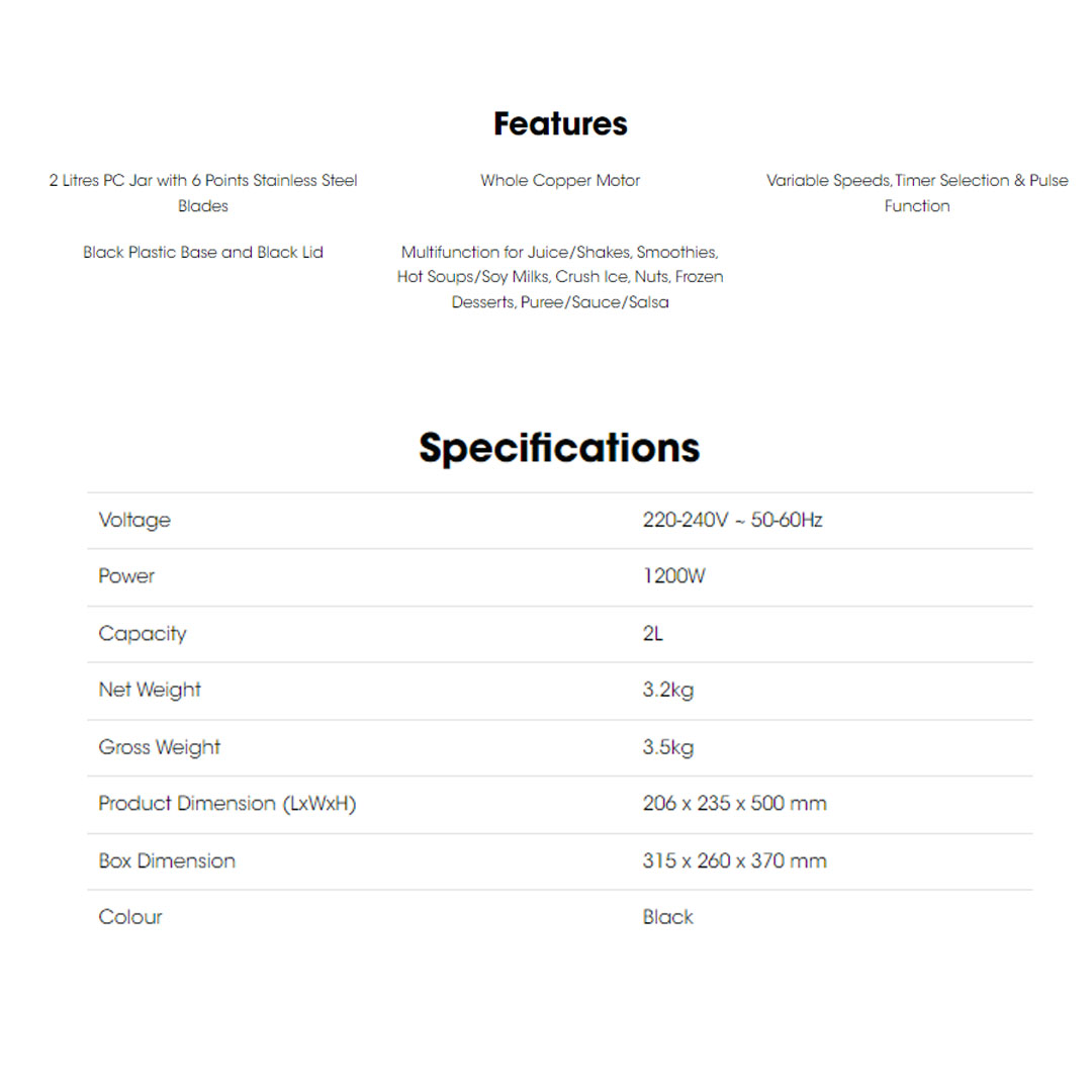 KHIND 2L Multifunction Blender PRO BL2000P | 6 Points Stainless Steel Blades | Pulse Function | Whole Copper Motor | Variable Speeds & Timer Selection | Blender with 1 Year Warranty