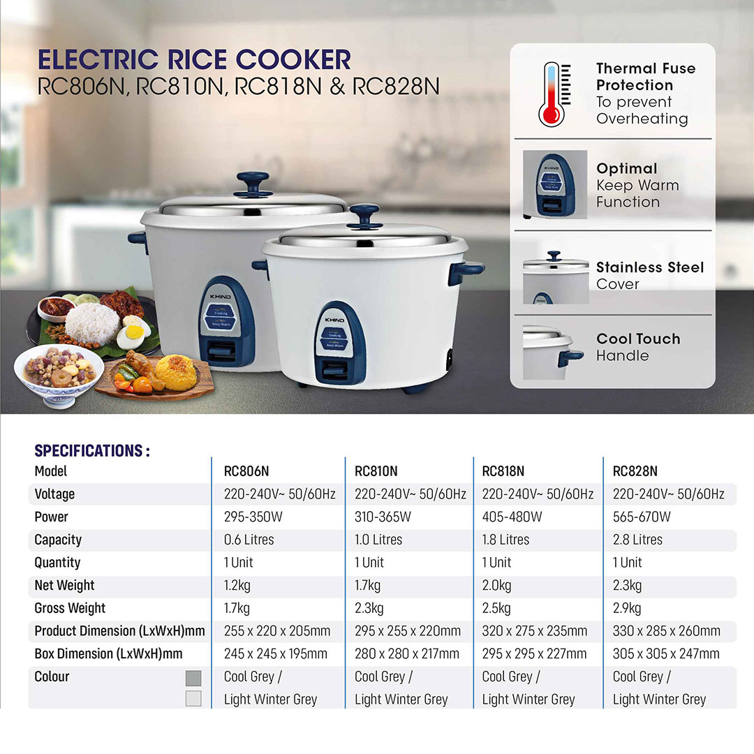 KHIND 1.8L Rice Cooker RC818N | Optimal Keep Warm Function | Thermal Fuse Protection to Prevent Overheating | Stainless Steel Cover | Rice Cooker with 2 Year Warranty