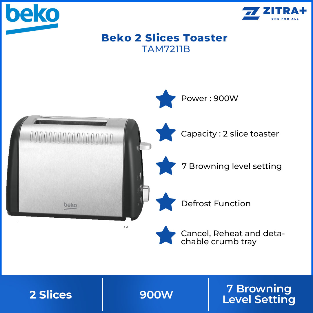 Beko 2 Slices Toaster TAM7211B | Power 900 W | Capacity 2 Toaster | 7 Browning Levels | Defrost Function | Cancel & Reheat & Detachable Crumb Tray | Toaster with 2 Year General Warranty
