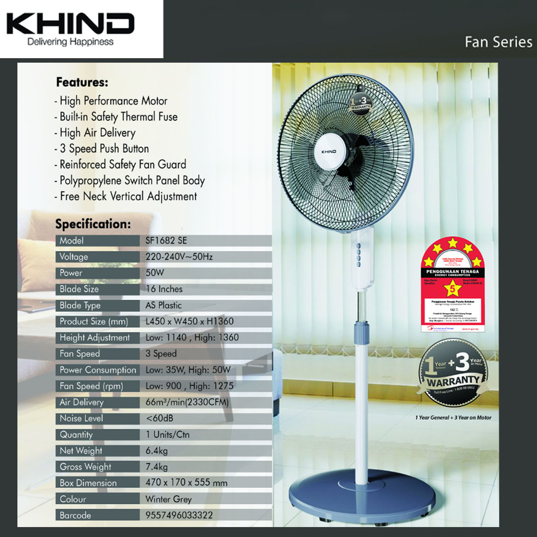 KHIND 16" Stand Fan SF1682SE | Built-in Safety Thermal Fuse | 3 Speed Push Button | High Performance Motor | Stand Fan with 1 Year General Warranty & 3 Years Motor Warranty