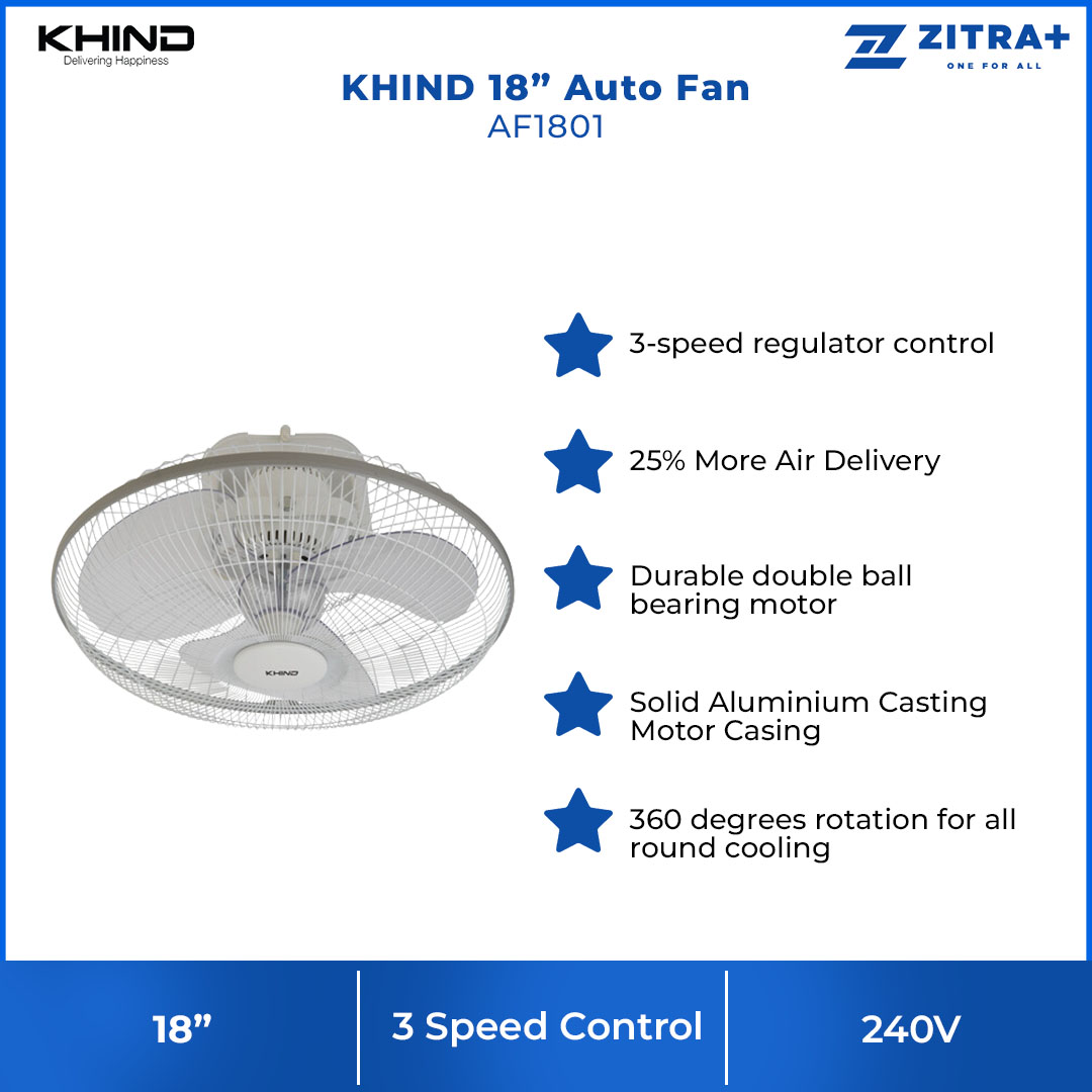 KHIND 18" Auto Fan AF1801 | 3 Speed Regulator Control | 360° Rotation for All Round Cooling | Built-in Safety Thermal Fuse | Adjustable 3 Angle Position | Auto Fan with 1 Year General Warranty & 3 Years Motor Warranty