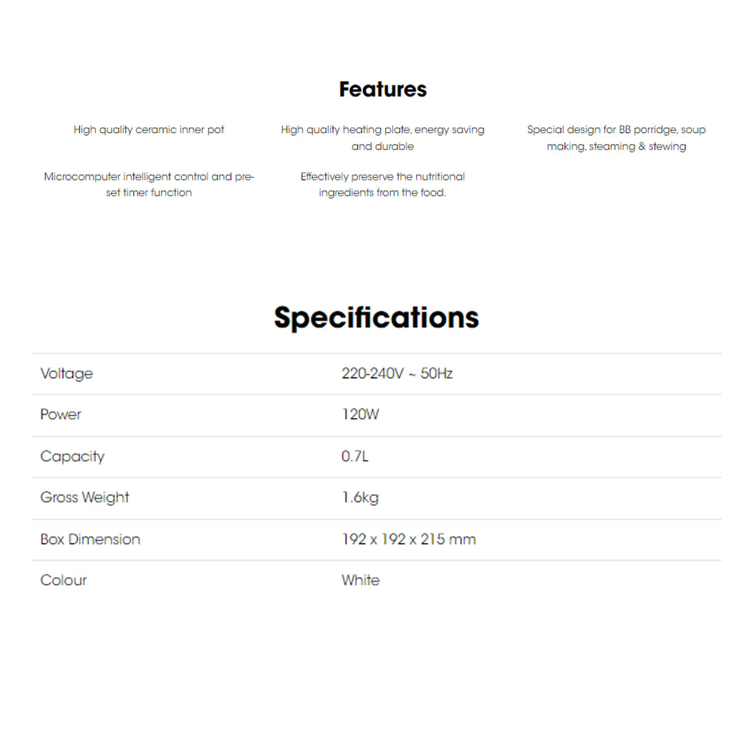 KHIND 0.7L Porridge Soup Cooker BPS07 | High Quality Ceramic Inner Pot | Microcomputer Intelligent Control and Pre-set Timer Function | Porridge Cooker with 1 Year Warranty