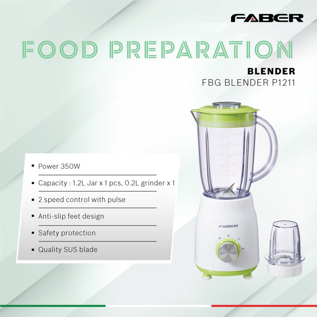 FABER 1.2L Blender FBG BLENDY P1211 | 2 Speed Control With Pulse | 1.2L Plastic Jar & 0.2L Grinder | Quality SUS Blade | Blender with 1 Year Warranty
