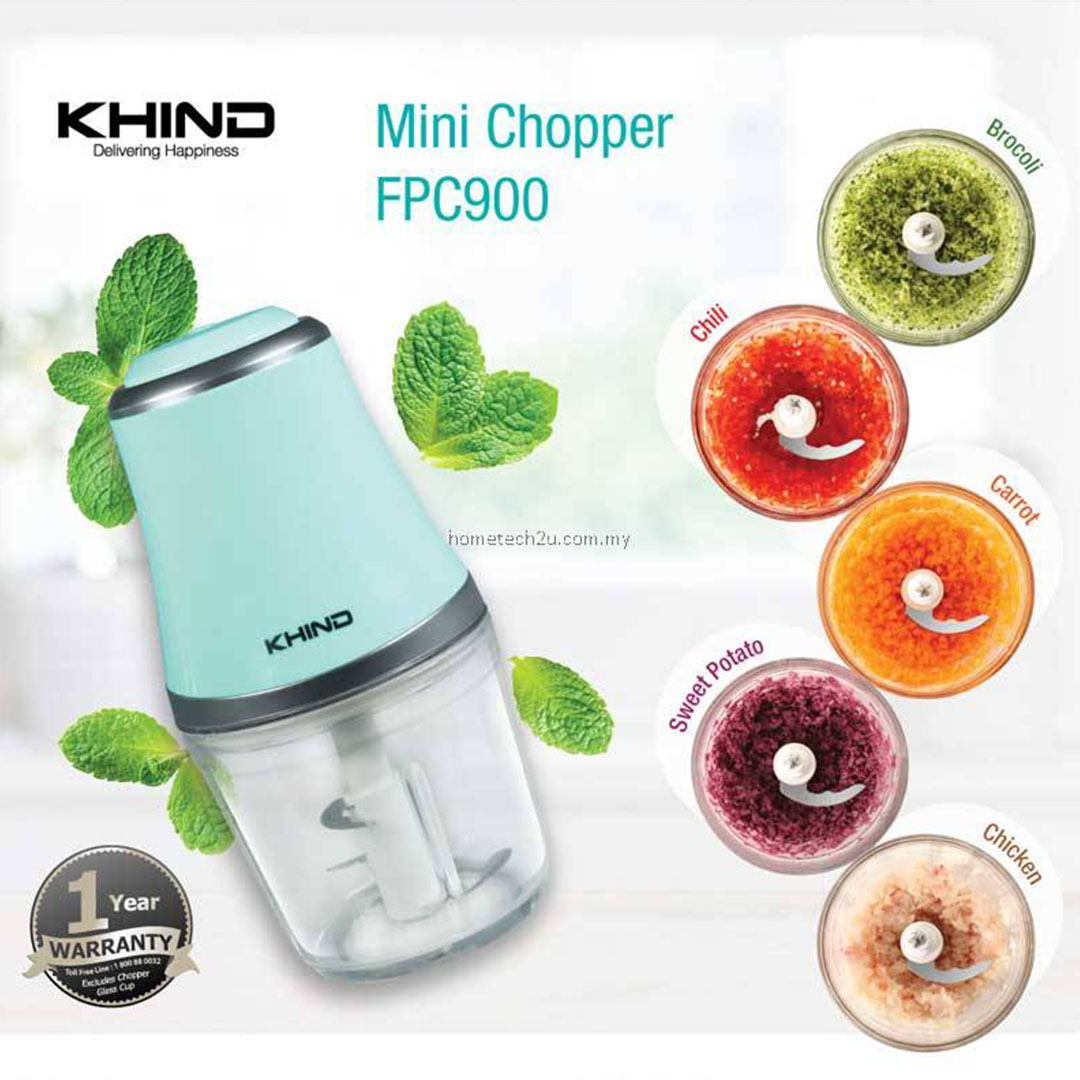 KHIND 0.6L Mini Food Chopper FPC900 | Detachable Knife For Easy Cleaning | SUS304 Stainless Steel Chopping Blades | One Touch Operation | Food Chopper with 1 Year Warranty