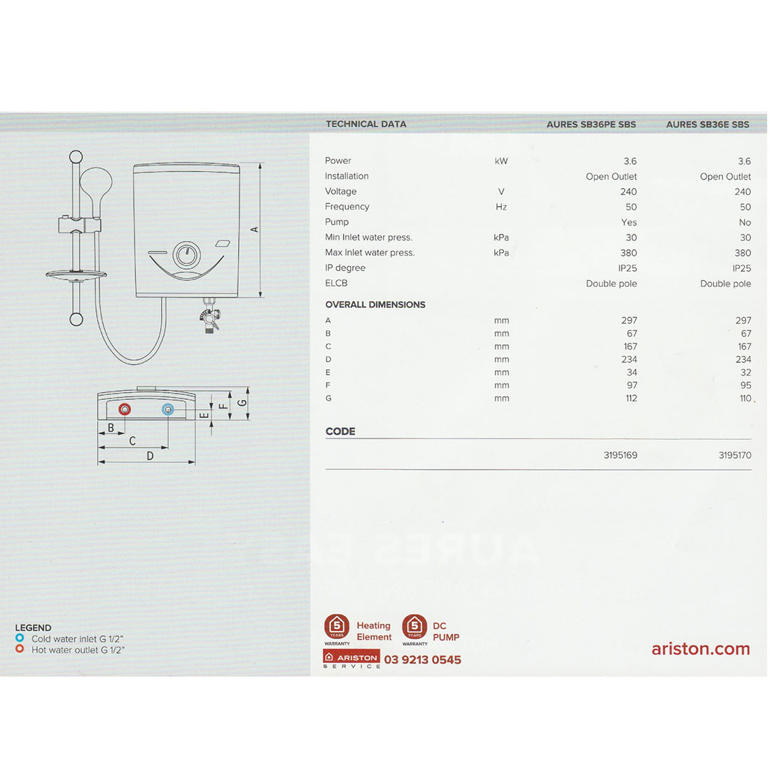 ARISTON 3600W Non Pump Electric Instant Water Heater SB36ESBS | IP25 Water Splash Protection |  Energy Saving Performance | Total Safety System | Flexible Temperature Setting | Water Heater with 1 Year General Warranty & 5 Years Heating Element Warranty