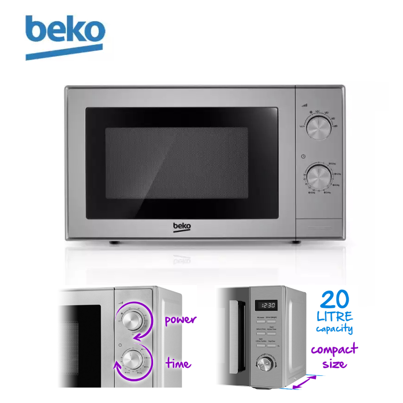 Beko 20L Freestanding Microwave Oven MOC20100S | 5 Adjustable Power Levels | 245 mm Turntable Size | Mechanical Timer | Push Button Opening | Microwave Oven with 2 Years Warranty